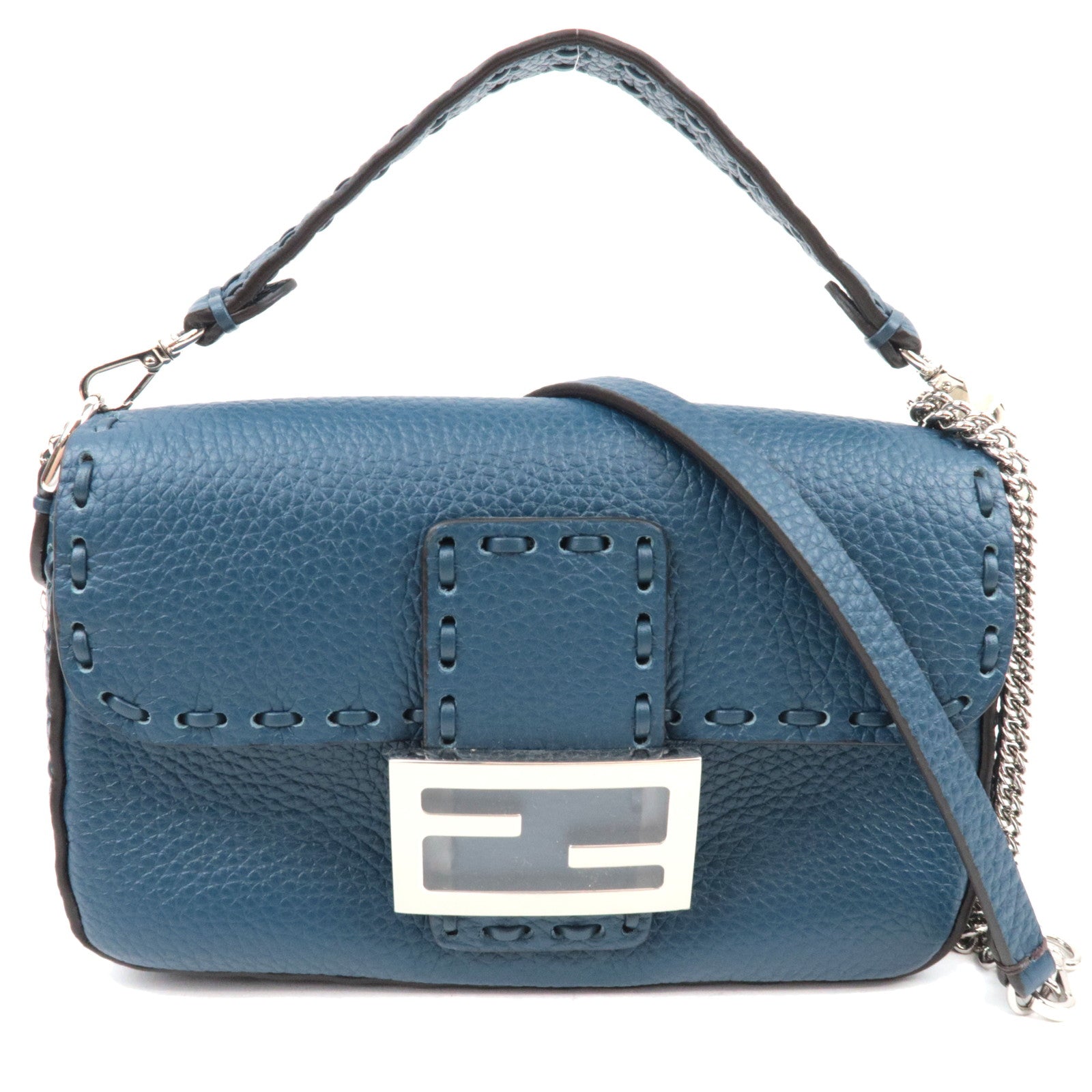 FENDI Selleria Mini Baguette 2Way Bag Leather Blue 8BS017 *Dust bag, Strap82632