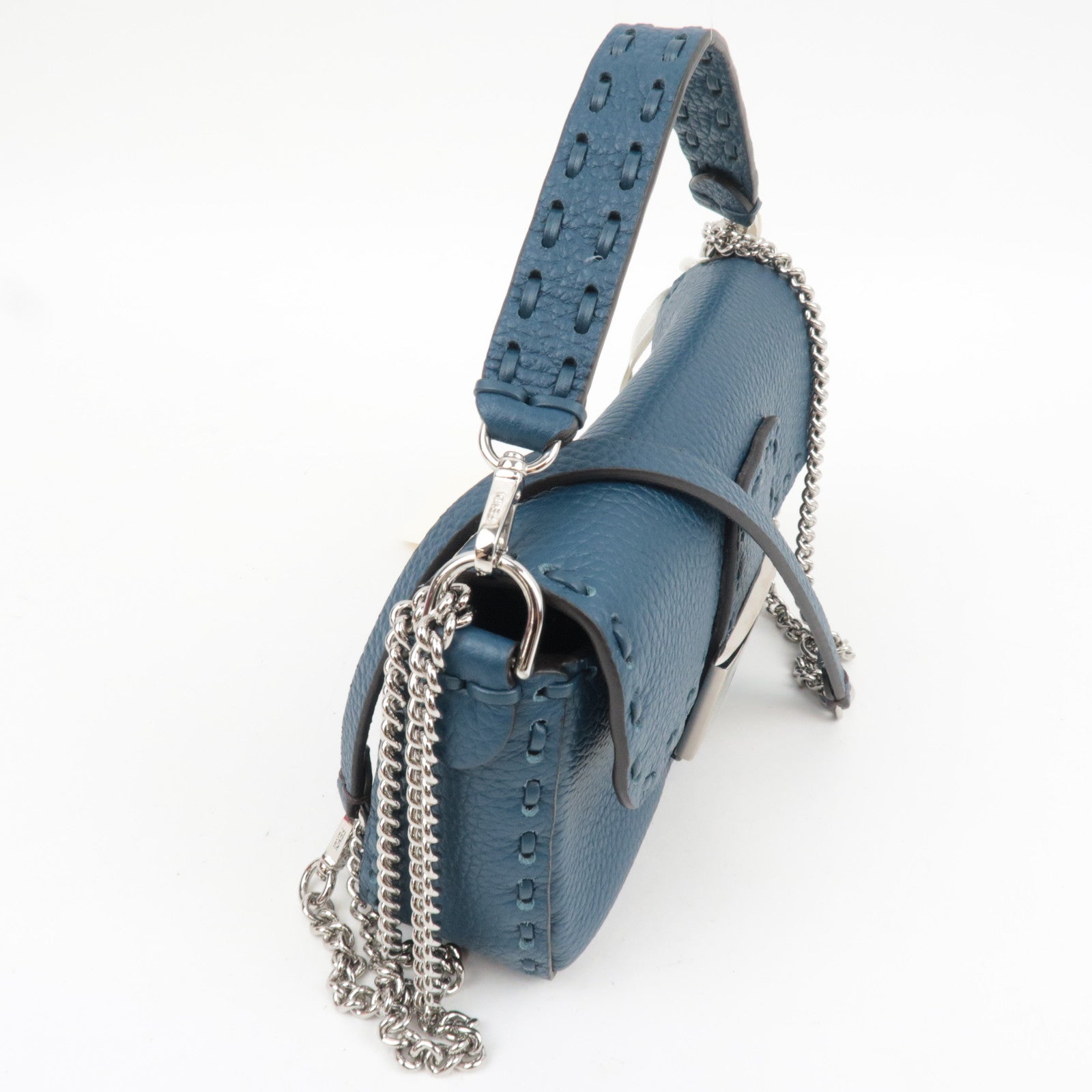 FENDI Selleria Mini Baguette 2Way Bag Leather Blue 8BS017 *Dust bag, Strap