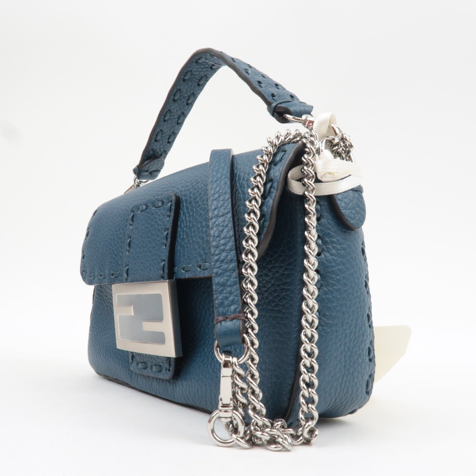 FENDI Selleria Mini Baguette 2Way Bag Leather Blue 8BS017 *Dust bag, Strap