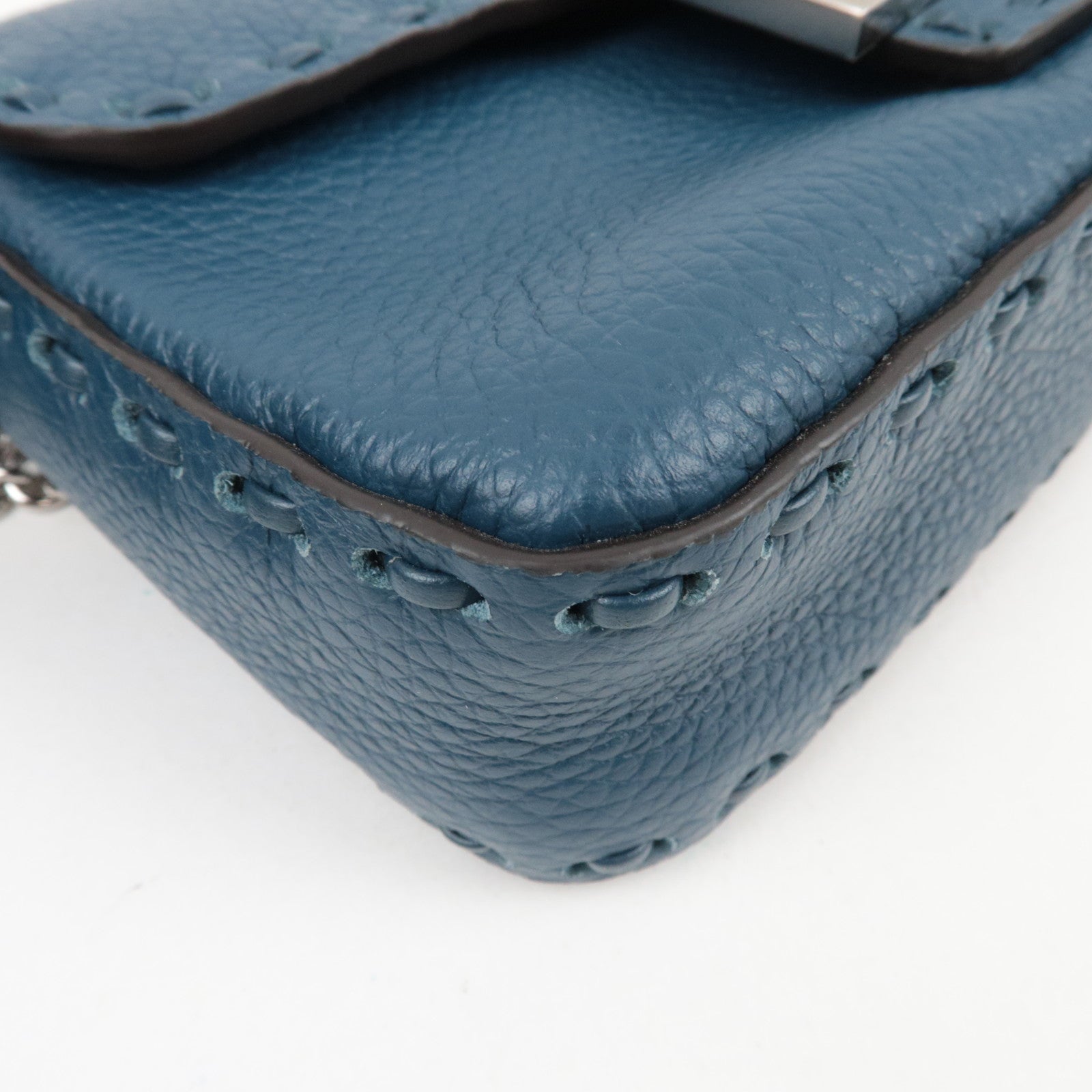 FENDI Selleria Mini Baguette 2Way Bag Leather Blue 8BS017 *Dust bag, Strap