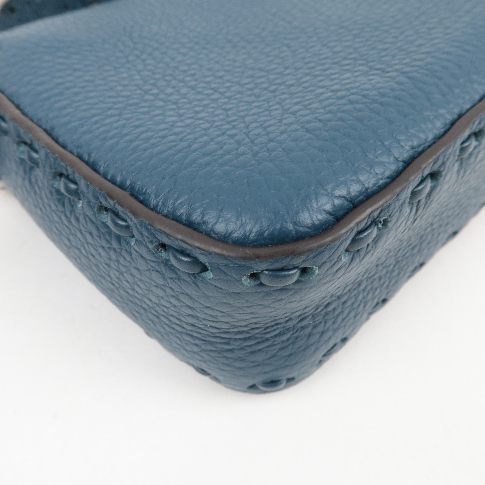 FENDI Selleria Mini Baguette 2Way Bag Leather Blue 8BS017 *Dust bag, Strap