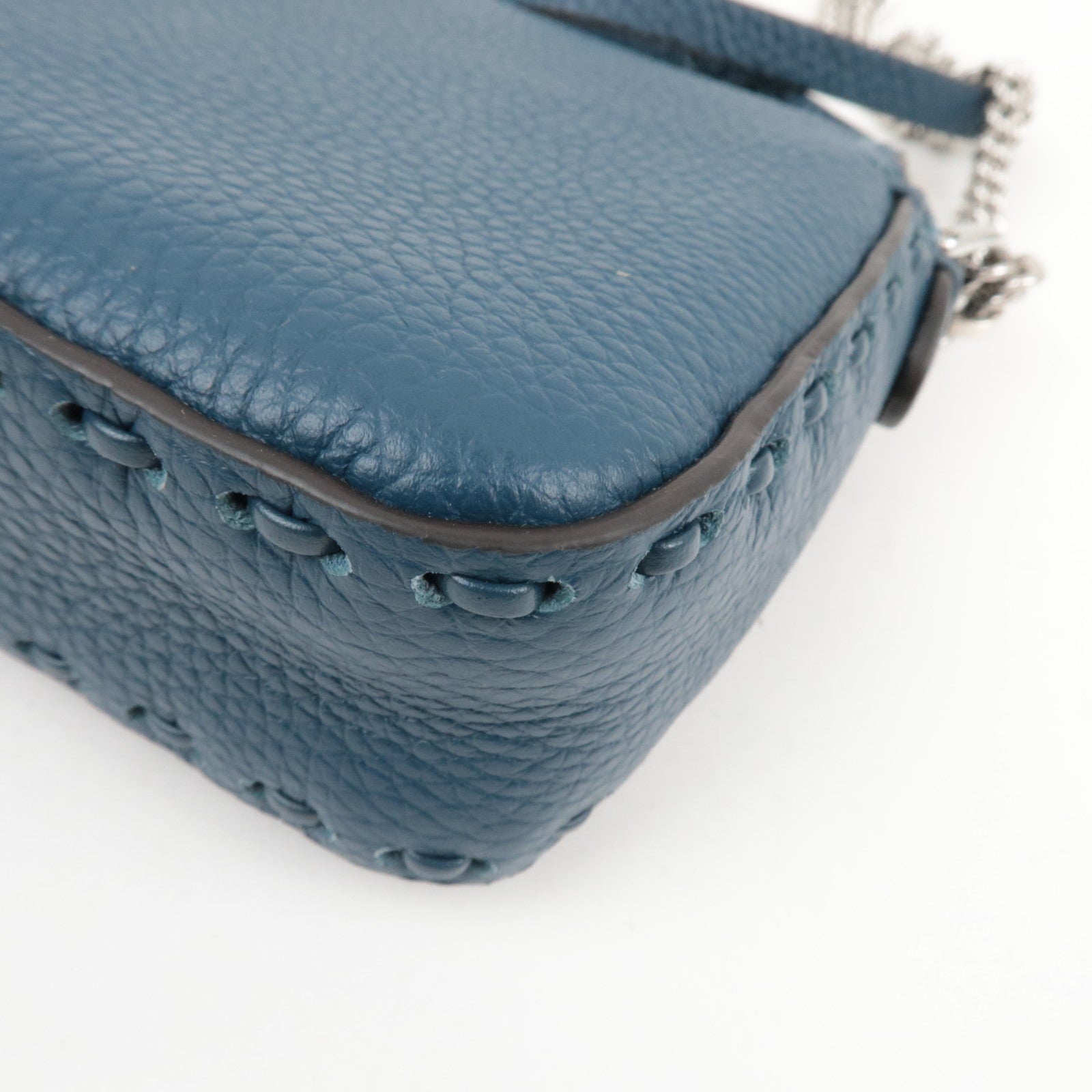 FENDI Selleria Mini Baguette 2Way Bag Leather Blue 8BS017 *Dust bag, Strap