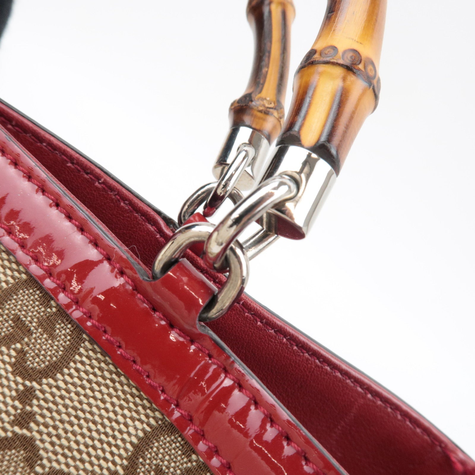 GUCCI Children's Bamboo Handbag GG Canvas Patent Leather Beige Red 311175 *Dust bag