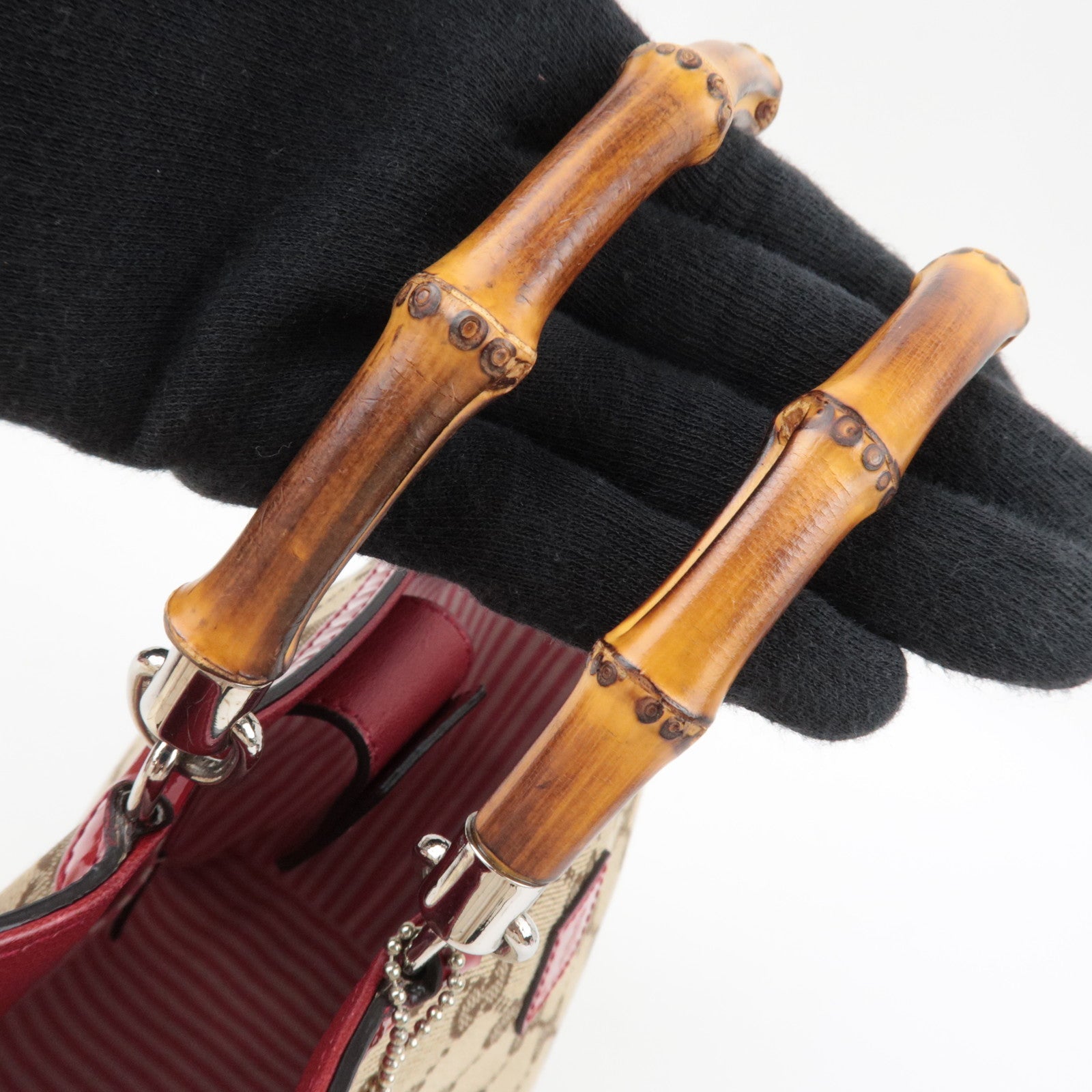 GUCCI Children's Bamboo Handbag GG Canvas Patent Leather Beige Red 311175 *Dust bag