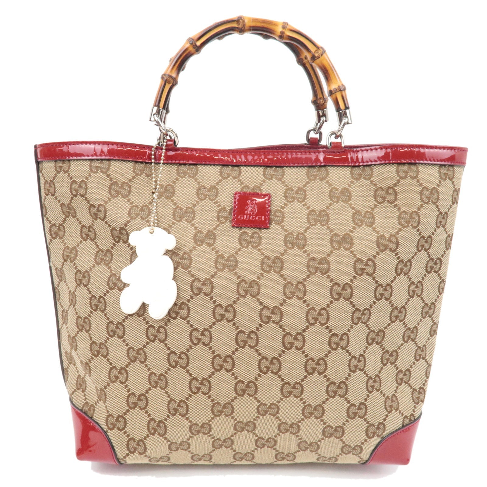 GUCCI Children's Bamboo Handbag GG Canvas Patent Leather Beige Red 311175 *Dust bag82647