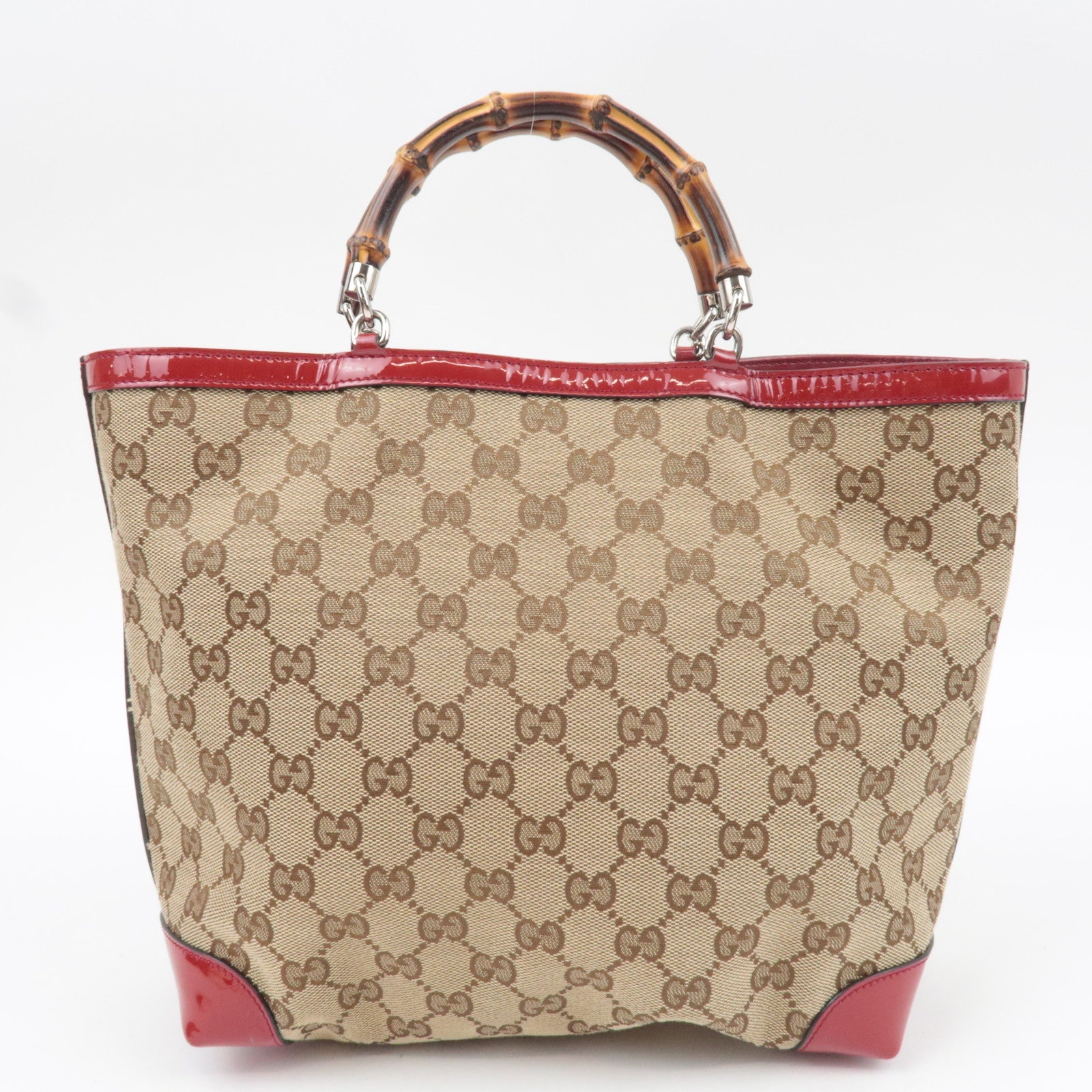 GUCCI Children's Bamboo Handbag GG Canvas Patent Leather Beige Red 311175 *Dust bag