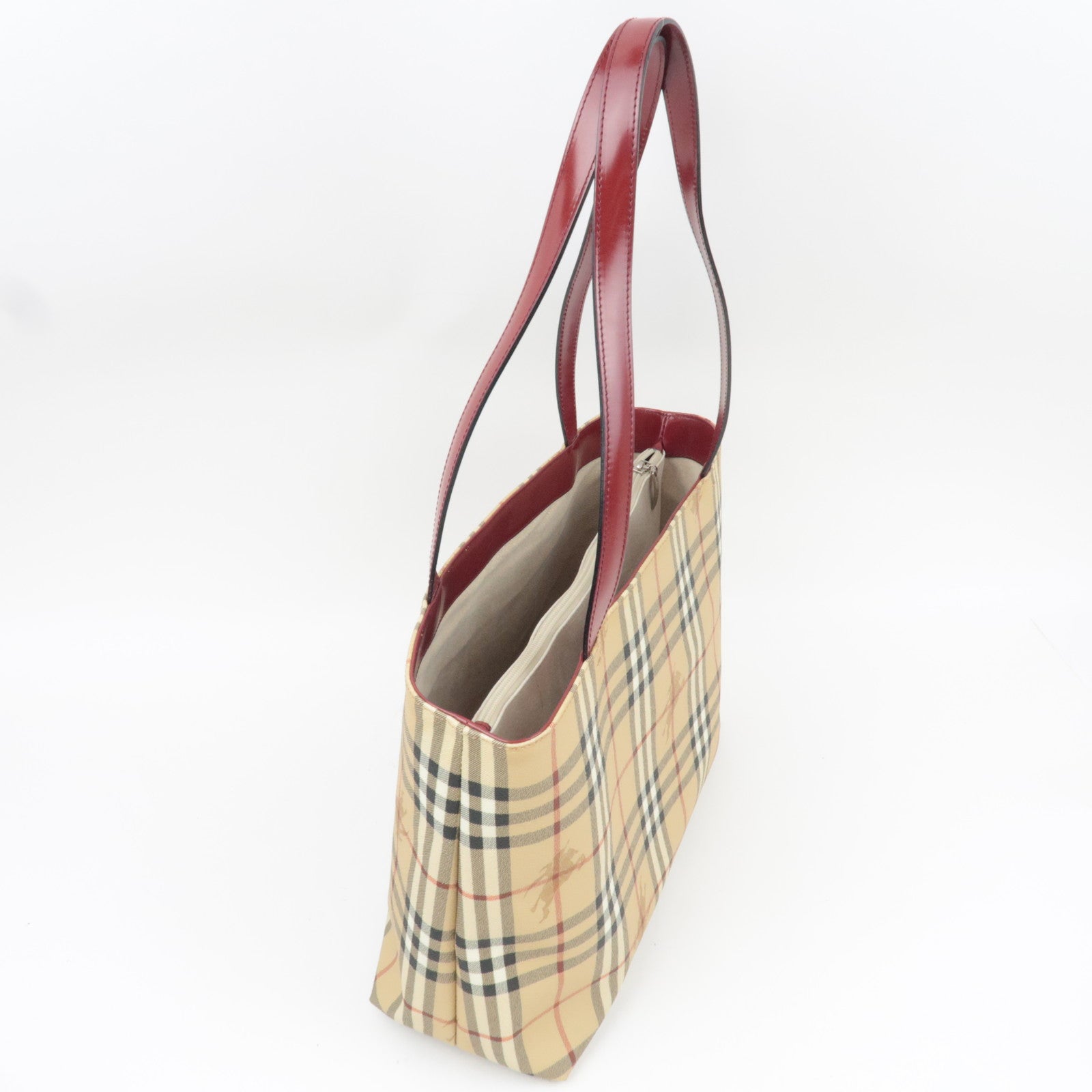 BURBERRY Nova Plaid PVC Leather Tote Bag Large Beige Red *Dust bag