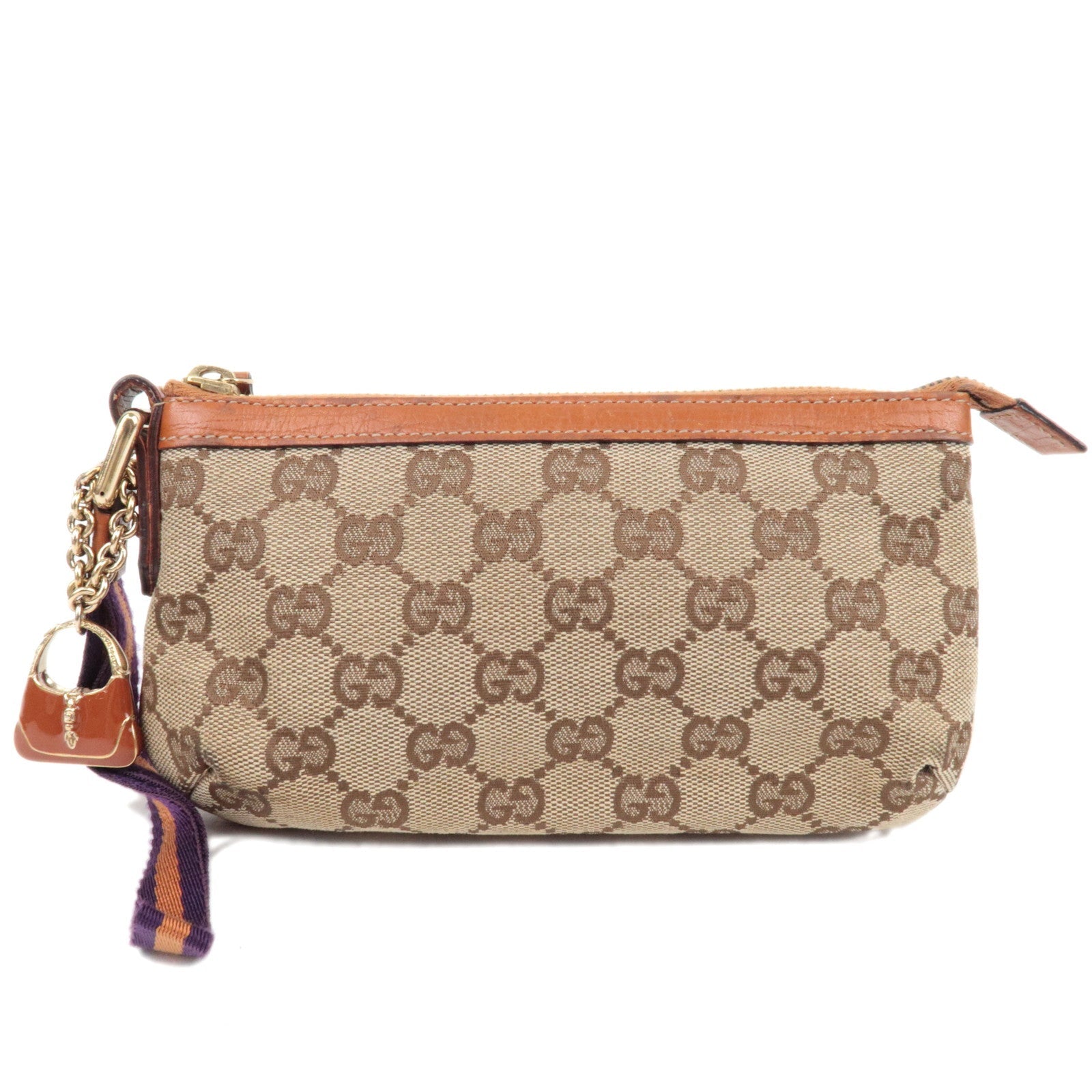 GUCCI Sherry Cosmetic Pouch GG Canvas Leather Beige Brown Purple 15250782753