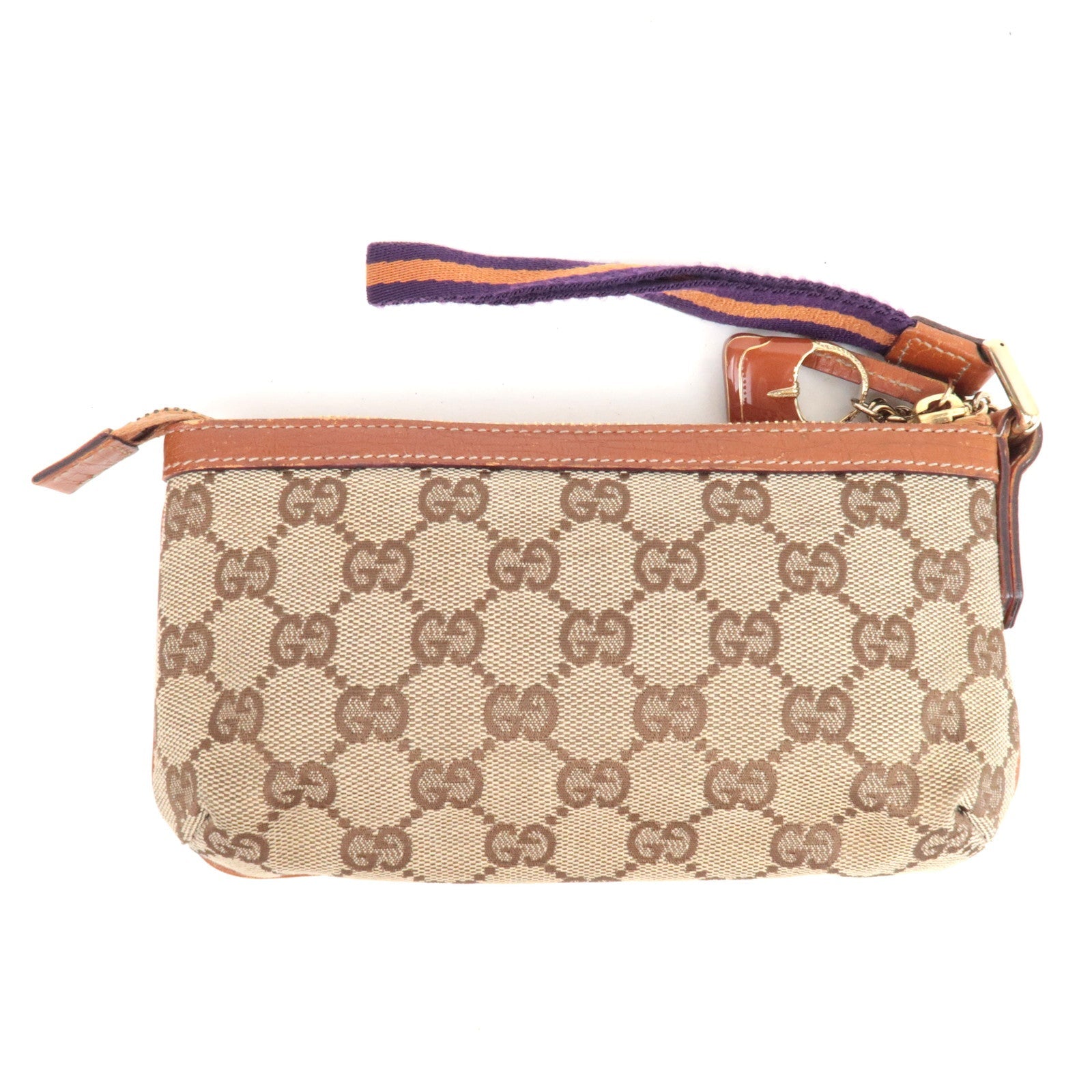 GUCCI Sherry Cosmetic Pouch GG Canvas Leather Beige Brown Purple 152507