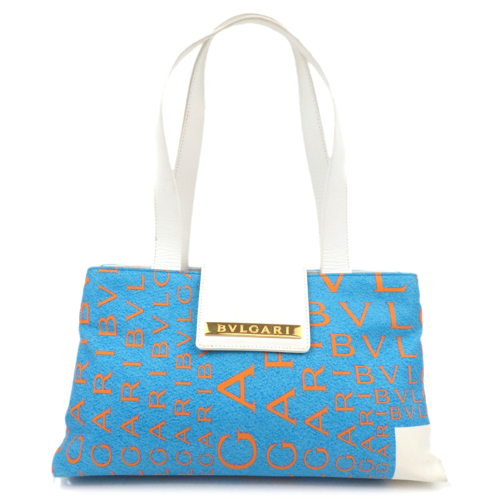 BVLGARI Logomania Silk Leather Handbag Blue White Orange *Dust bag82852
