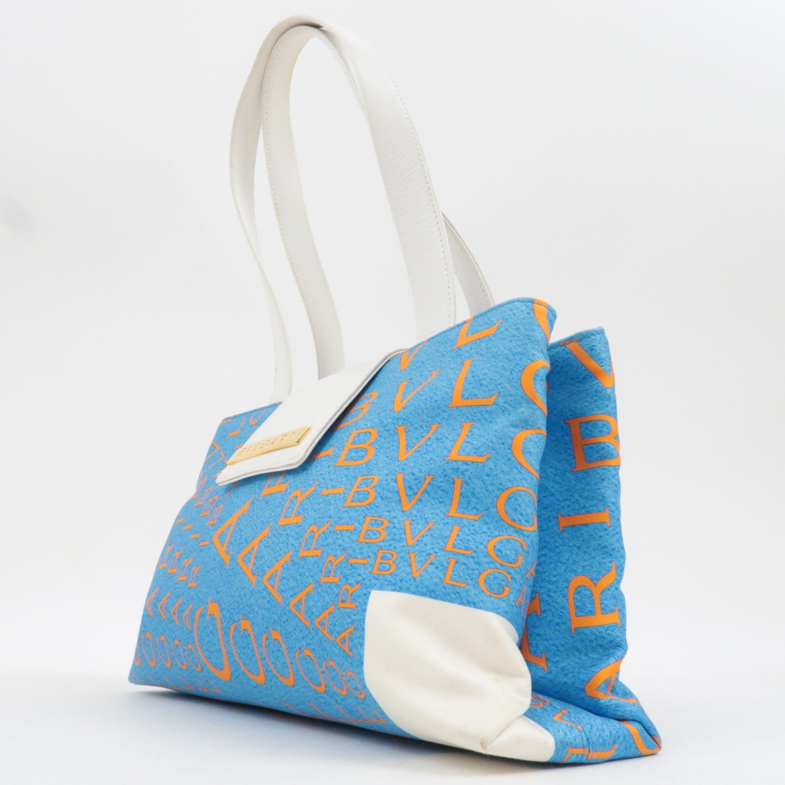 BVLGARI Logomania Silk Leather Handbag Blue White Orange *Dust bag