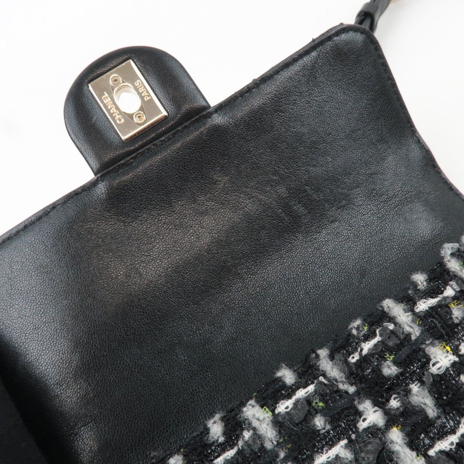 CHANEL Matelasse Tweed Leather 2Way Chain Shoulder Bag Black Gold HDW 24959737