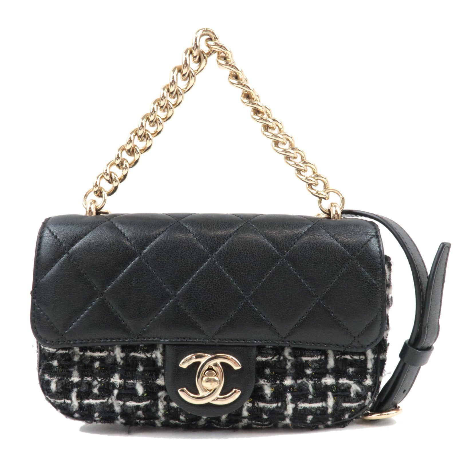 CHANEL Matelasse Tweed Leather 2Way Chain Shoulder Bag Black Gold HDW 2495973782938