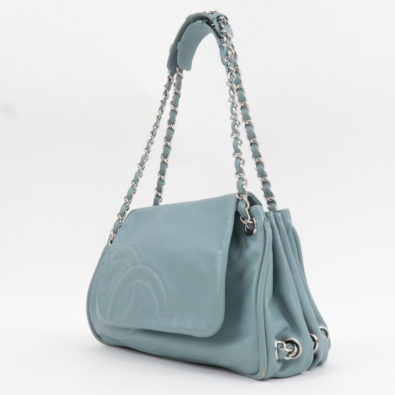 CHANEL Coco Mark Chain Leather Shoulder Bag Blue Silver HDW 11250426 *G card