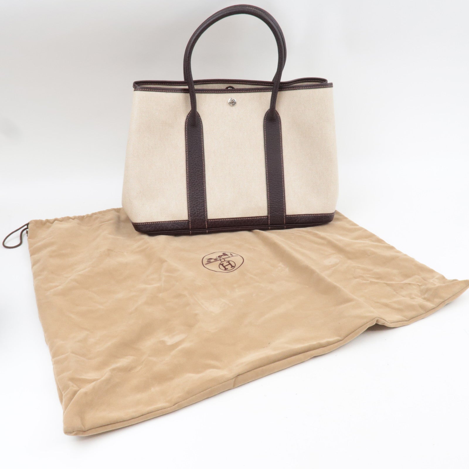 HERMES Garden Party PM Tote Bag V Stamp Toile H Leather Beige Brown *Dust bag