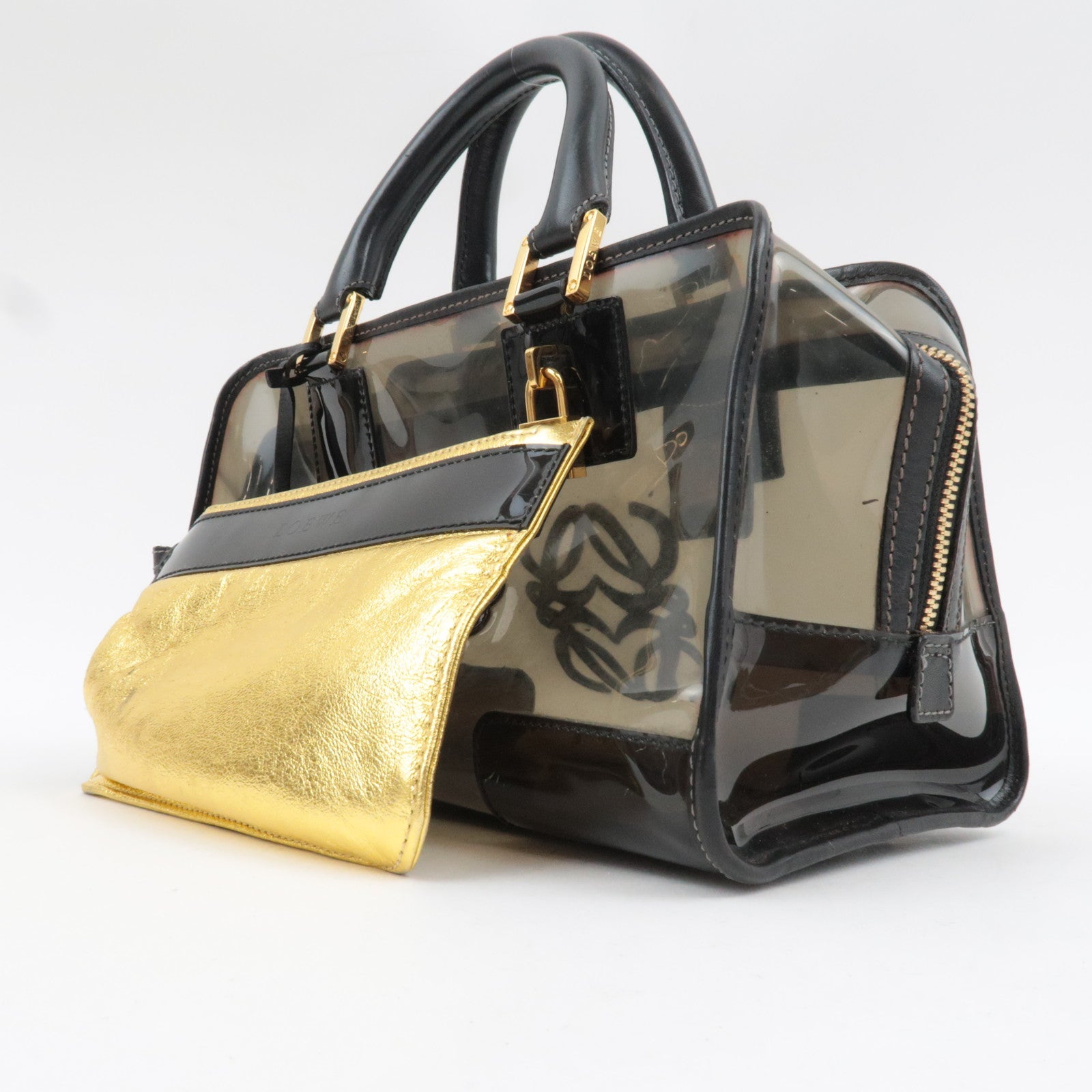 LOEWE Amazona 28 Vinyl Leather Handbag Clear Black *Pouch, Key Lock, Clochette