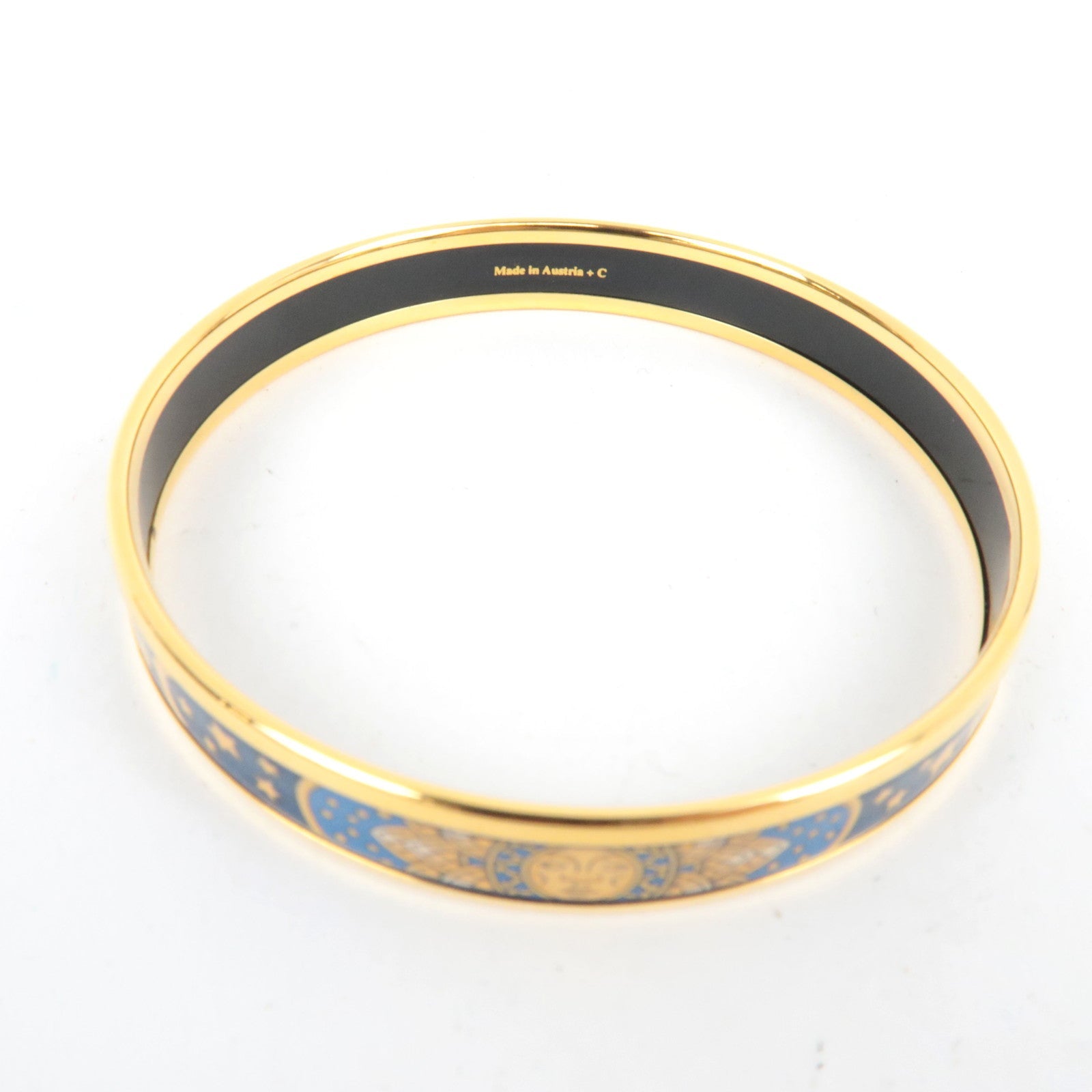 HERMES Email PM Bangle Metal Bracelet Cloisonne Sun, Moon and Stars Blue Navy Gold *Box