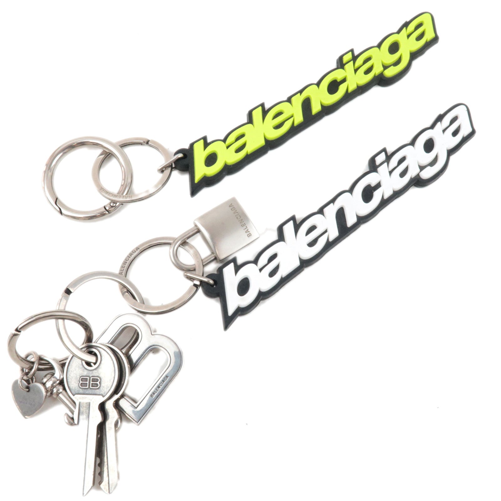 BALENCIAGA Set of 2 Big Logo Bag Charm Keychain White Neon Yellow83020