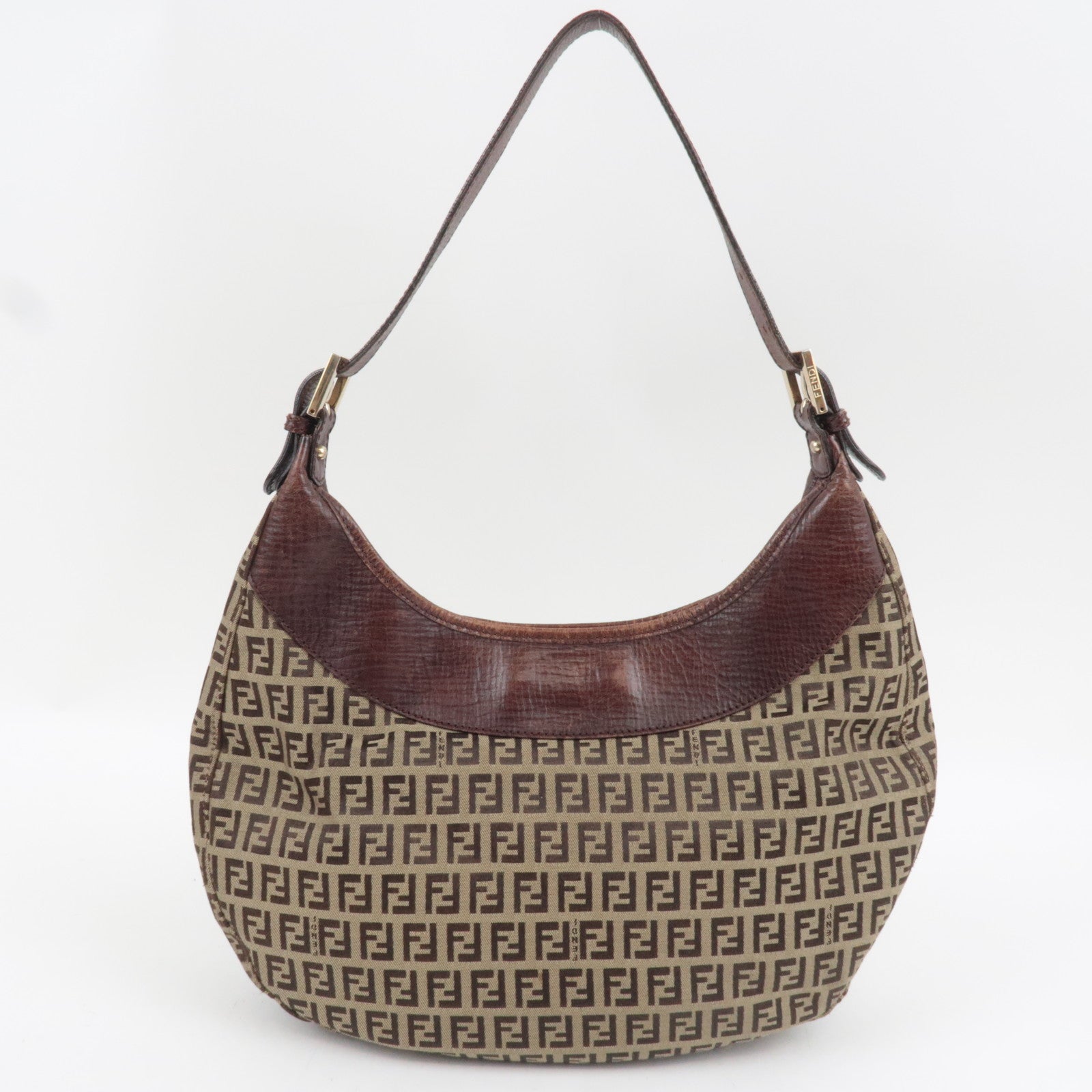FENDI Zucchino Hobo Canvas Leather Shoulder Bag Beige Brown 8BR552