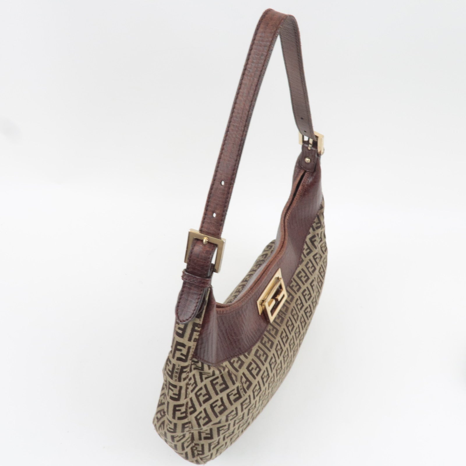 FENDI Zucchino Hobo Canvas Leather Shoulder Bag Beige Brown 8BR552