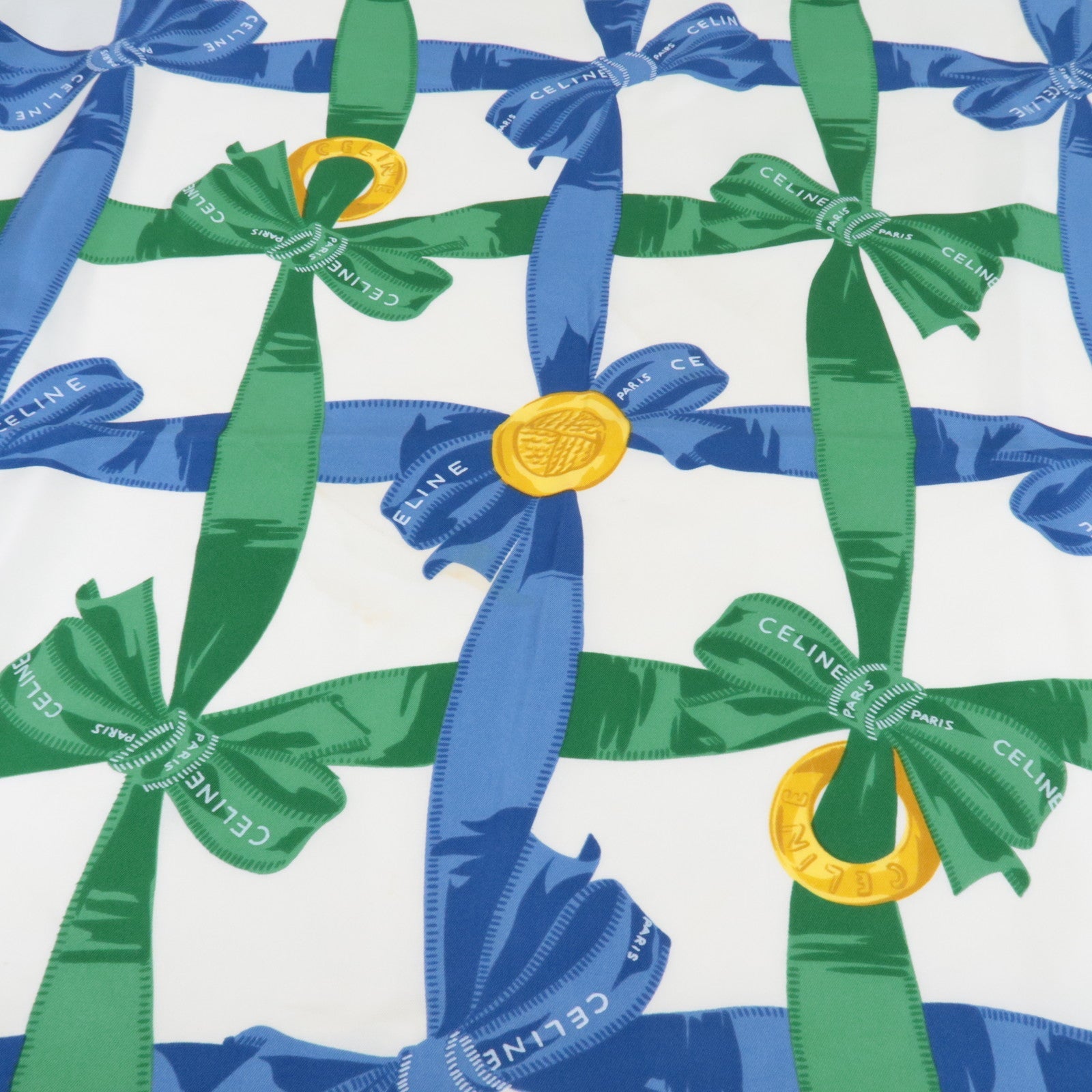 CELINE Ribbon Print Scarf 100% Silk Blue