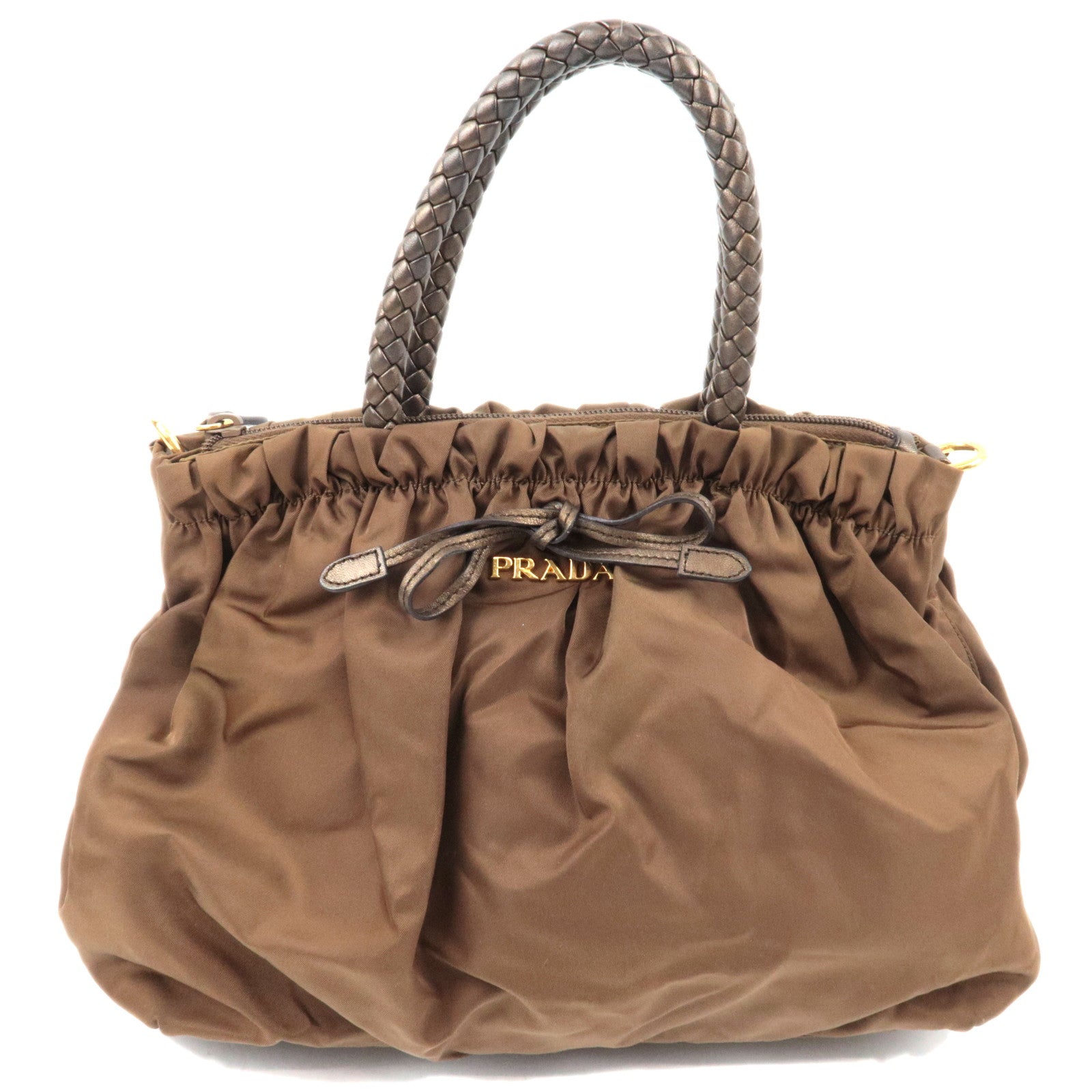 PRADA Ribbon Nylon Leather Handbag Brown83188