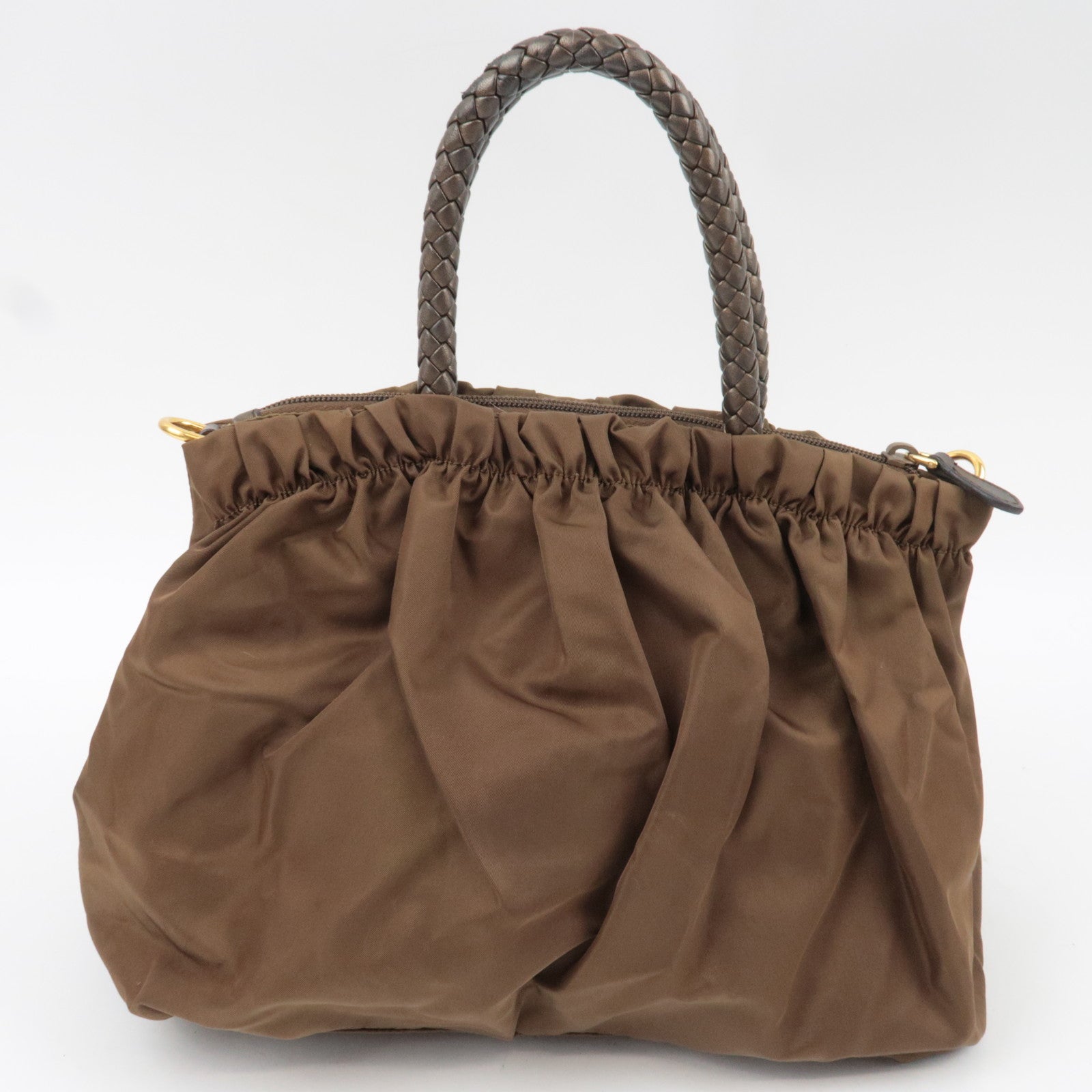 PRADA Ribbon Nylon Leather Handbag Brown