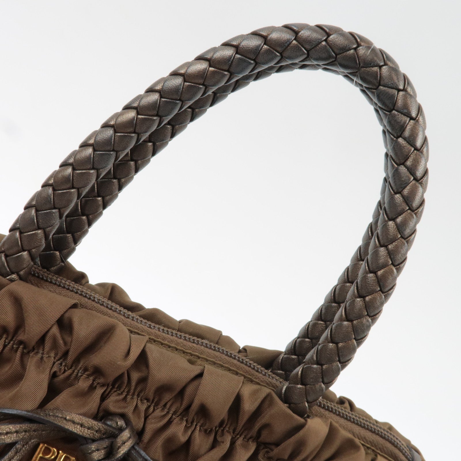 PRADA Ribbon Nylon Leather Handbag Brown