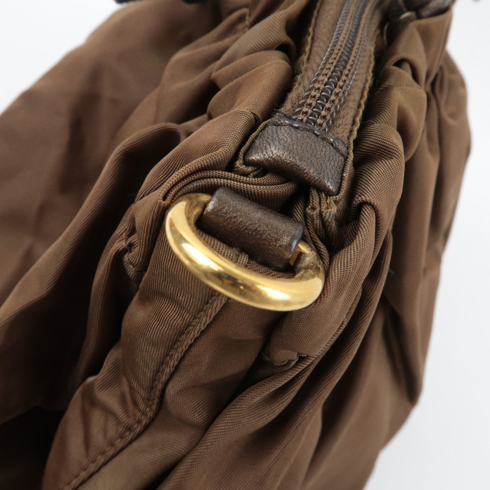 PRADA Ribbon Nylon Leather Handbag Brown