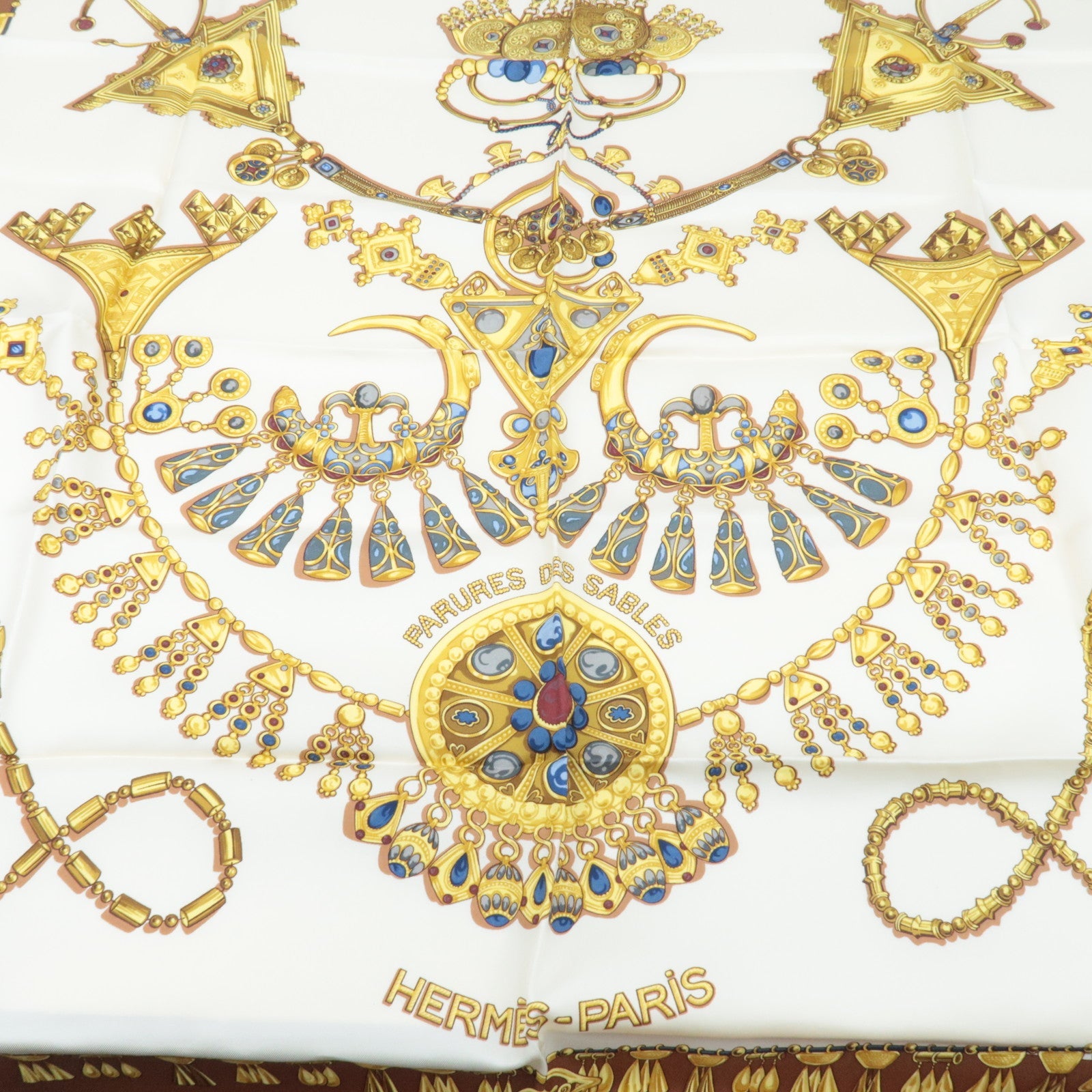 HERMES Carre 90 Scarf PARURES DES SABLES 100% Silk Ivory Brown