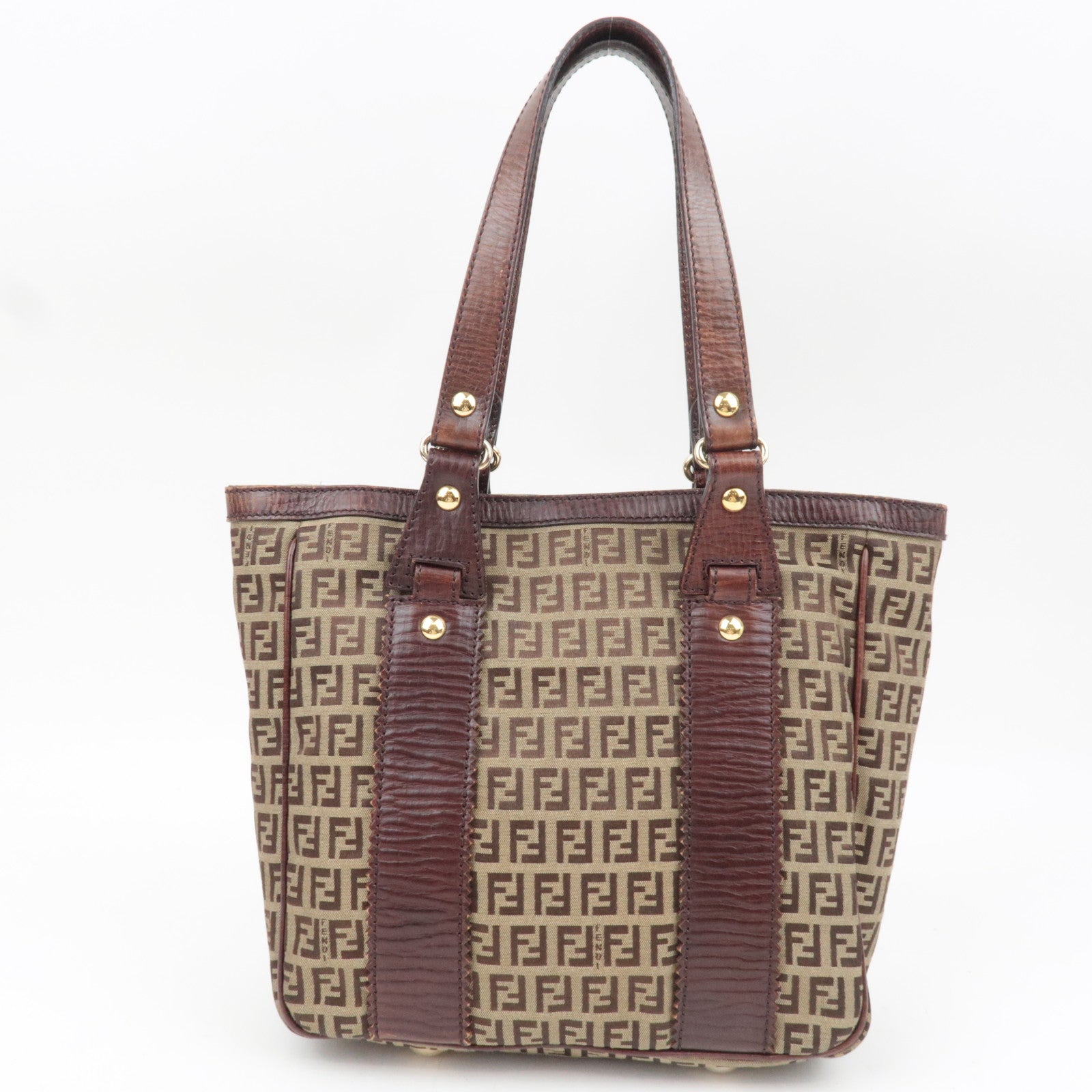 FENDI Zucchino Canvas Leather Tote Bag Beige Brown 8BH161