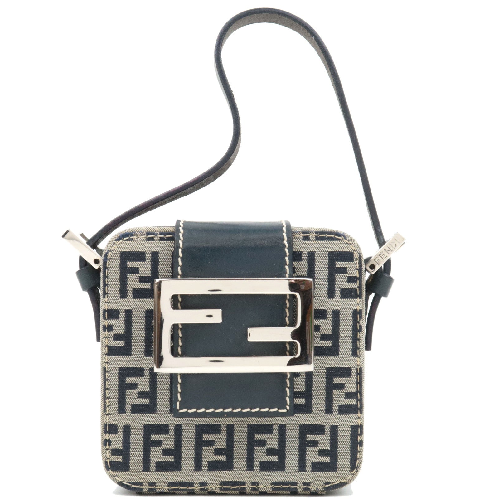 FENDI Zucchino Canvas Leather Mini Box Handbag Navy 2680583291