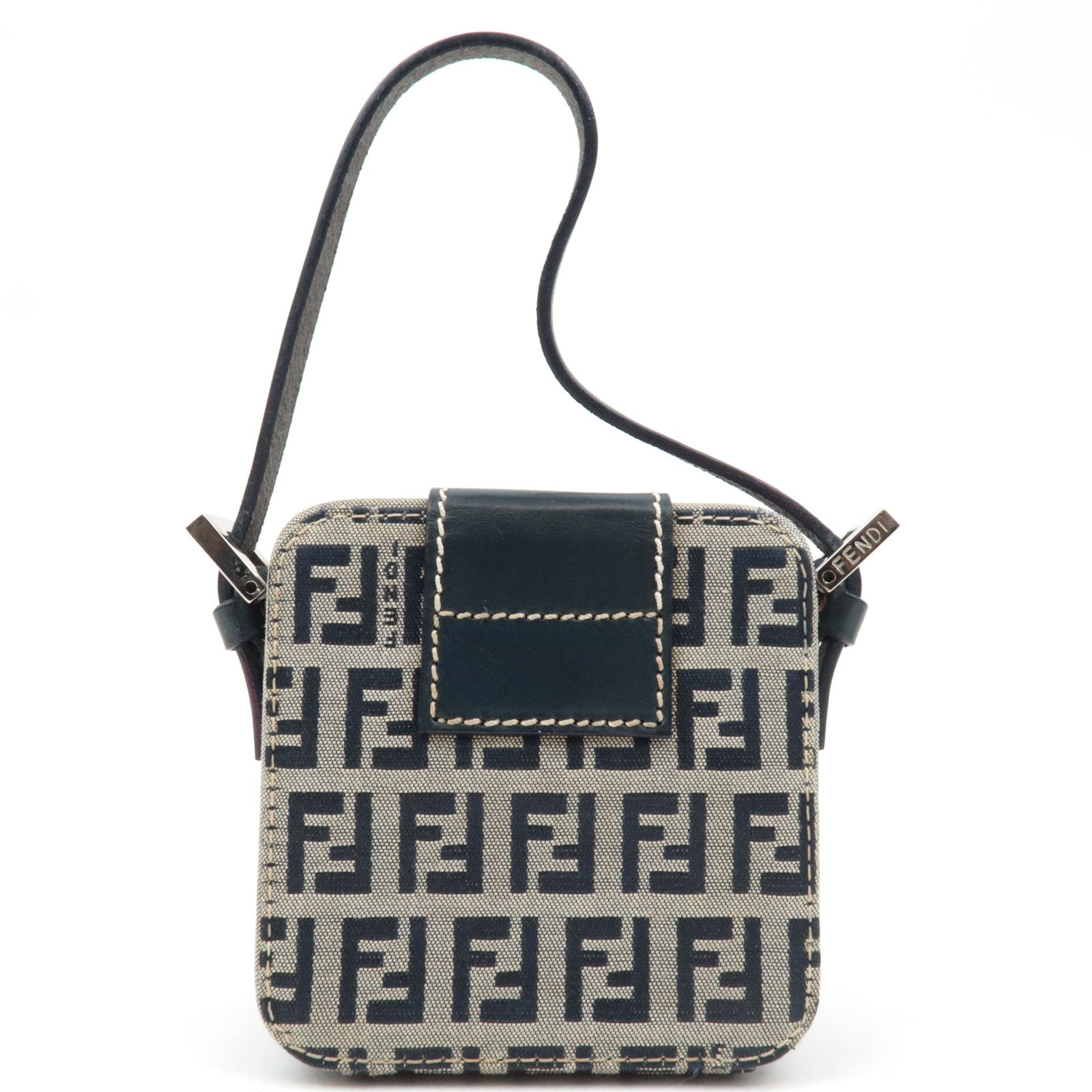 FENDI Zucchino Canvas Leather Mini Box Handbag Navy 26805