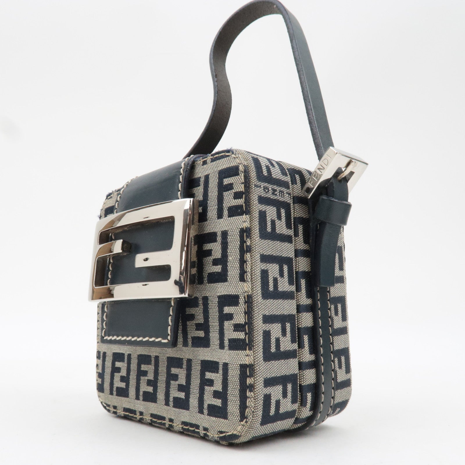 FENDI Zucchino Canvas Leather Mini Box Handbag Navy 26805