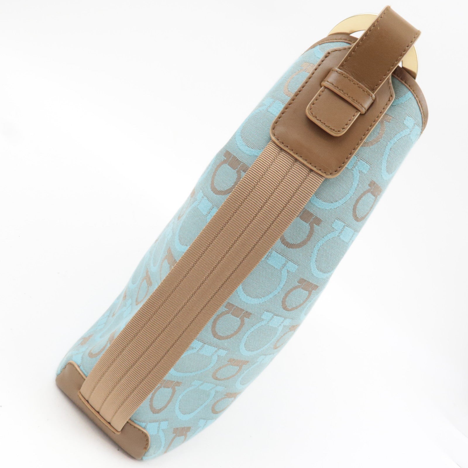 Ferragamo Gancini One-Shoulder Bag Canvas Leather Light Blue Beige *Dust bag