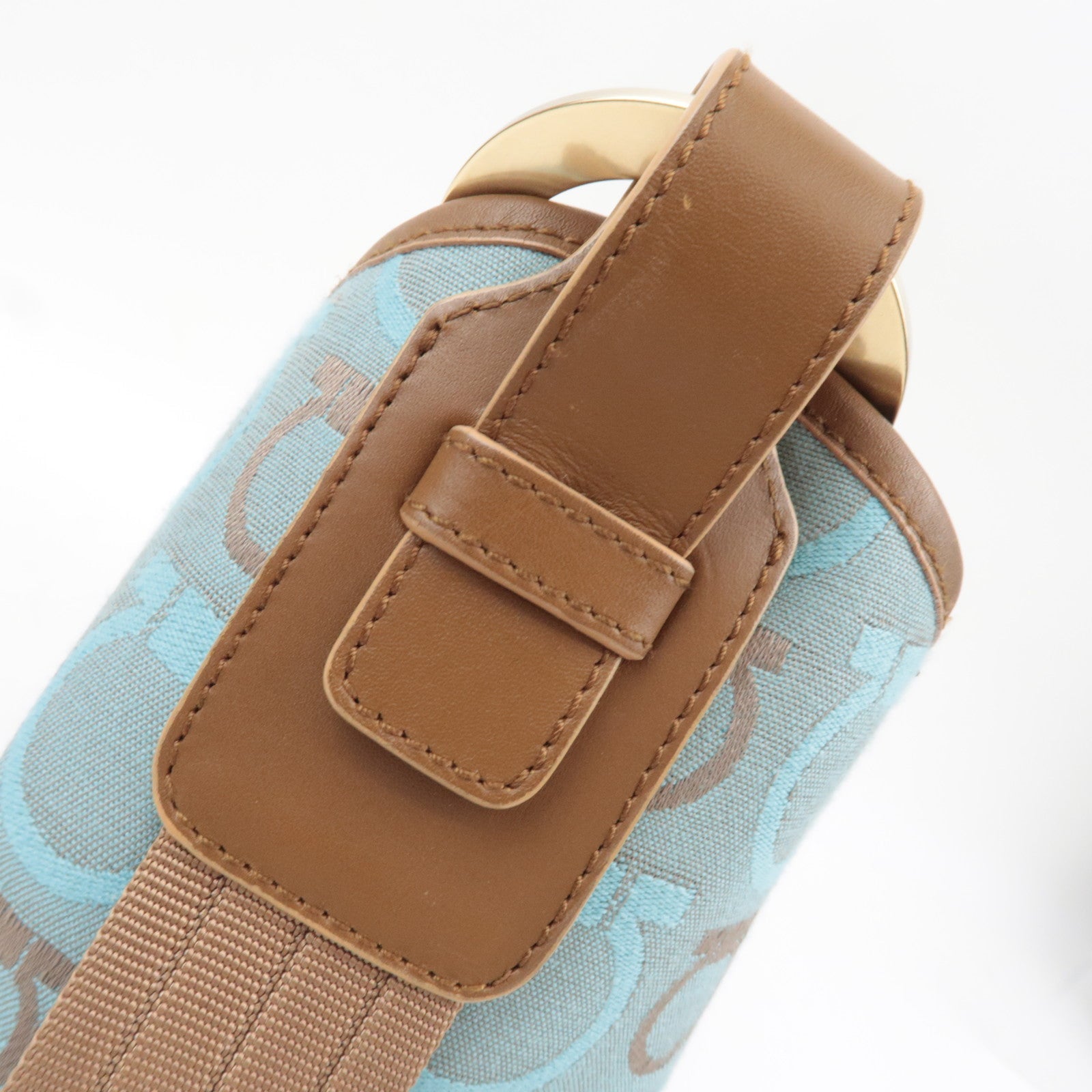 Ferragamo Gancini One-Shoulder Bag Canvas Leather Light Blue Beige *Dust bag