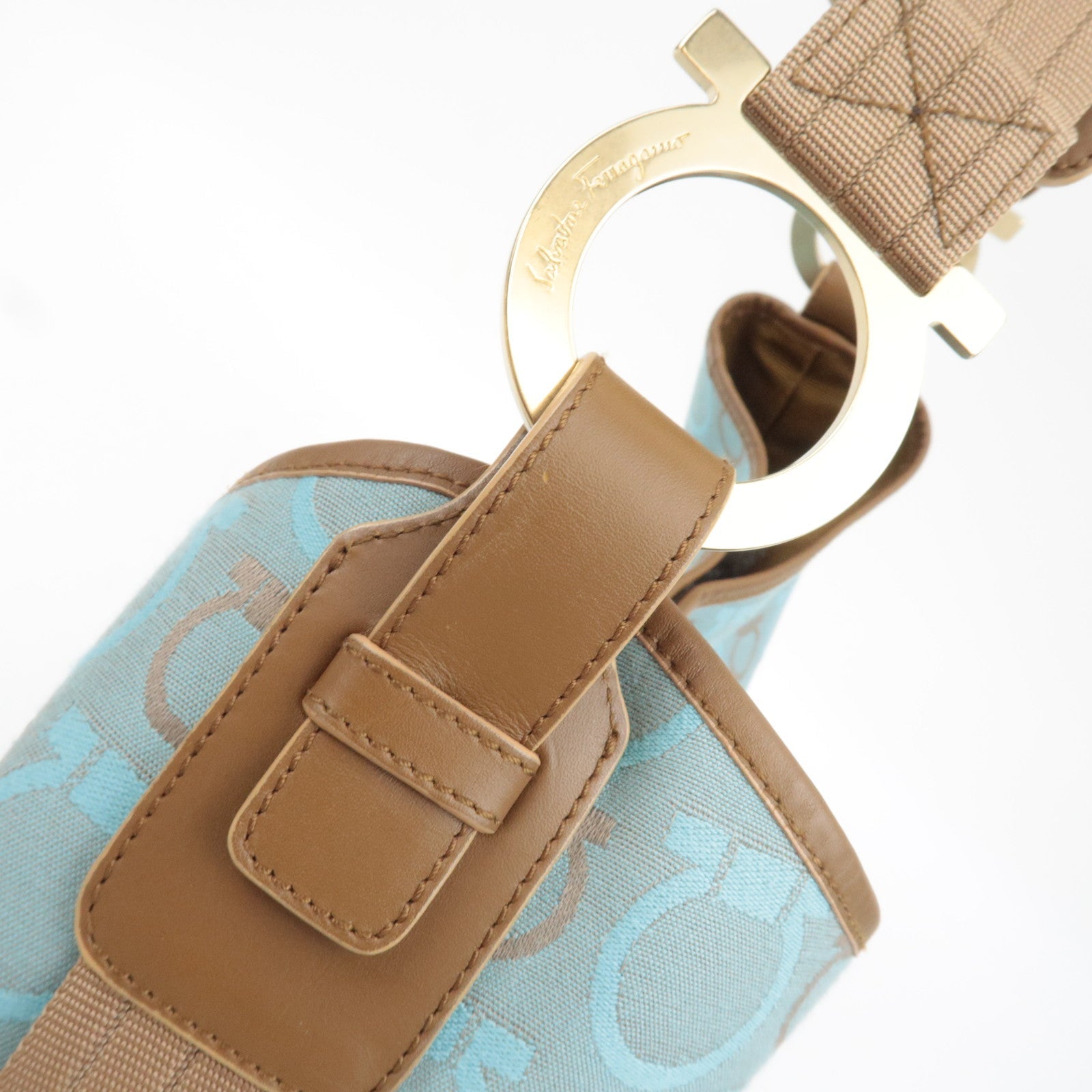 Ferragamo Gancini One-Shoulder Bag Canvas Leather Light Blue Beige *Dust bag