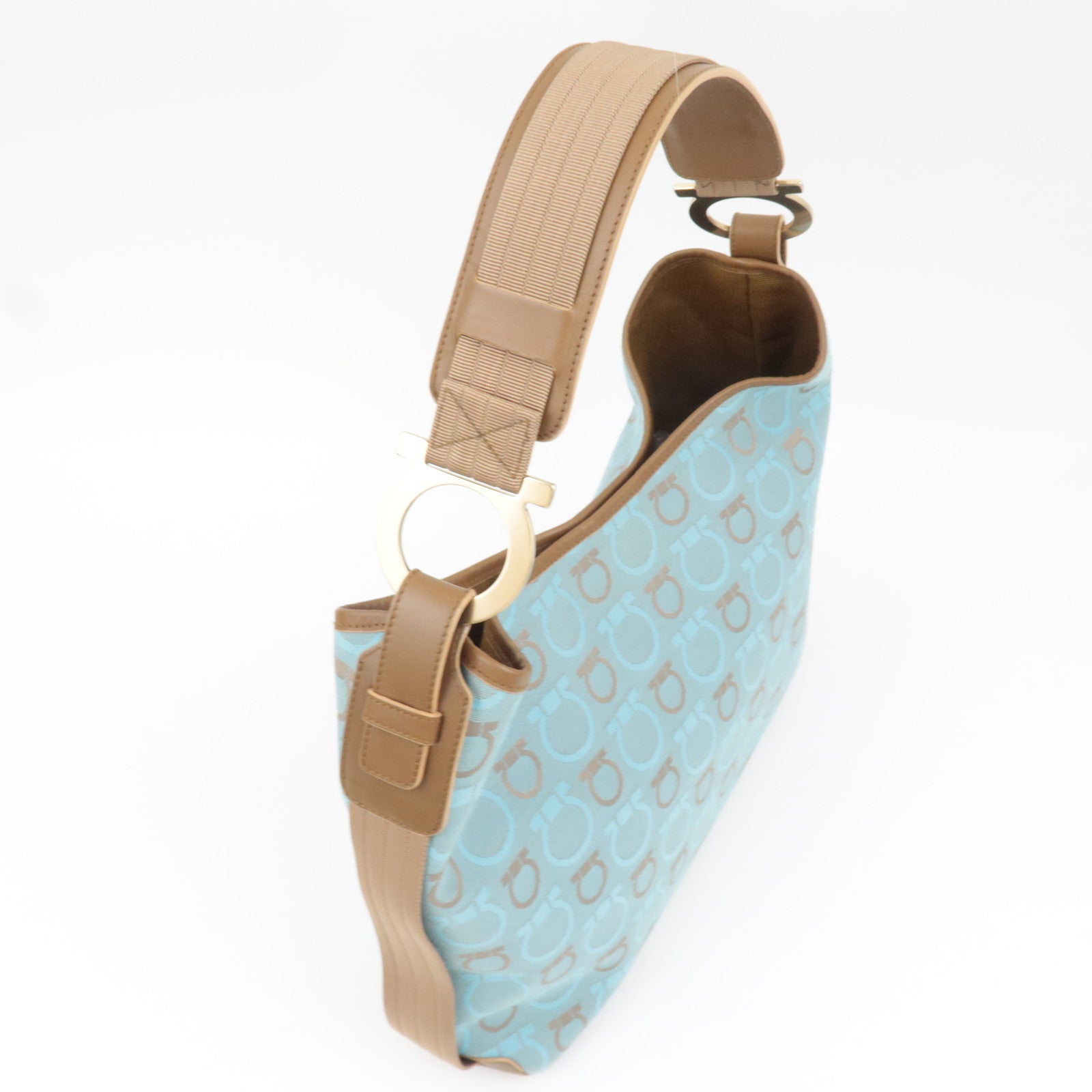 Ferragamo Gancini One-Shoulder Bag Canvas Leather Light Blue Beige *Dust bag