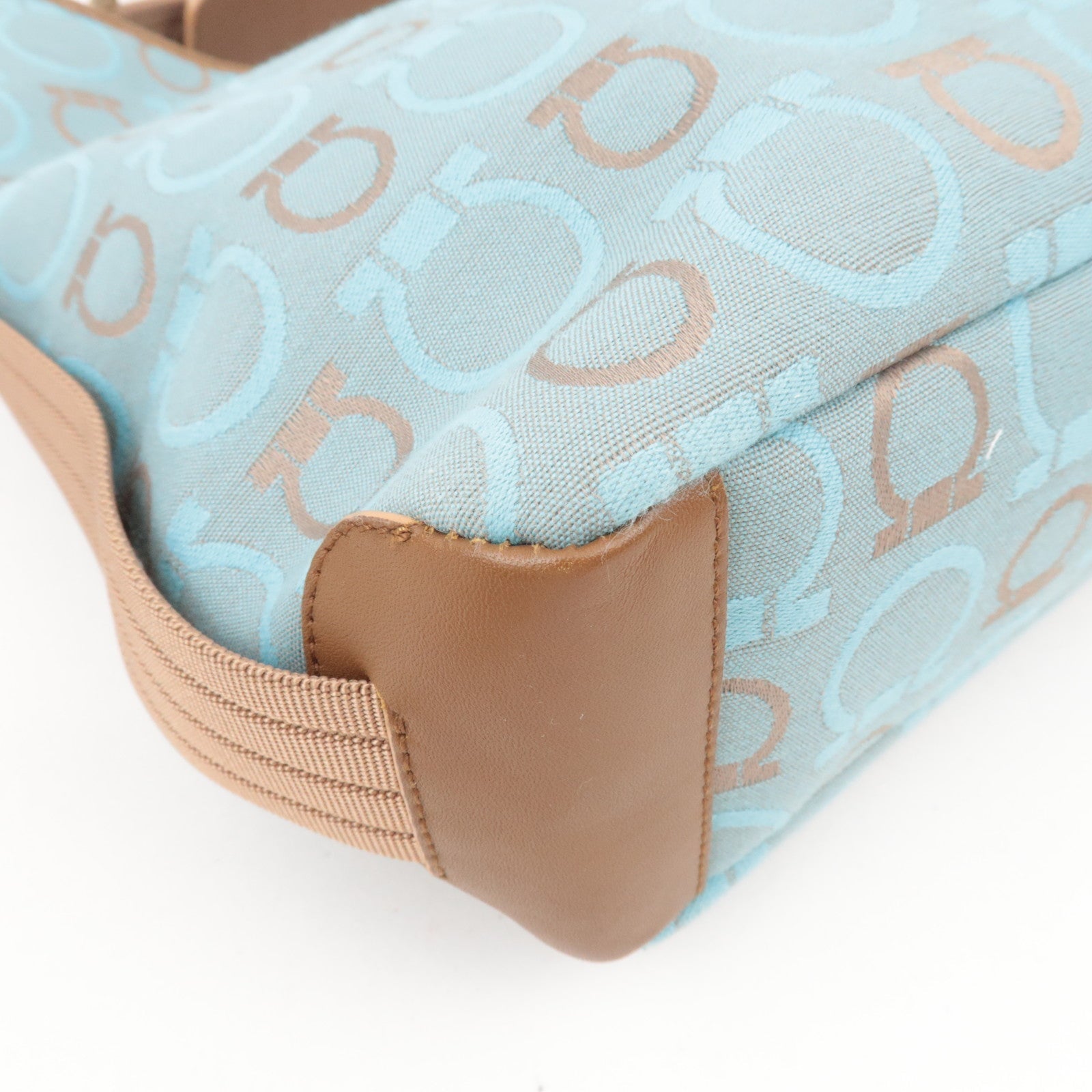 Ferragamo Gancini One-Shoulder Bag Canvas Leather Light Blue Beige *Dust bag