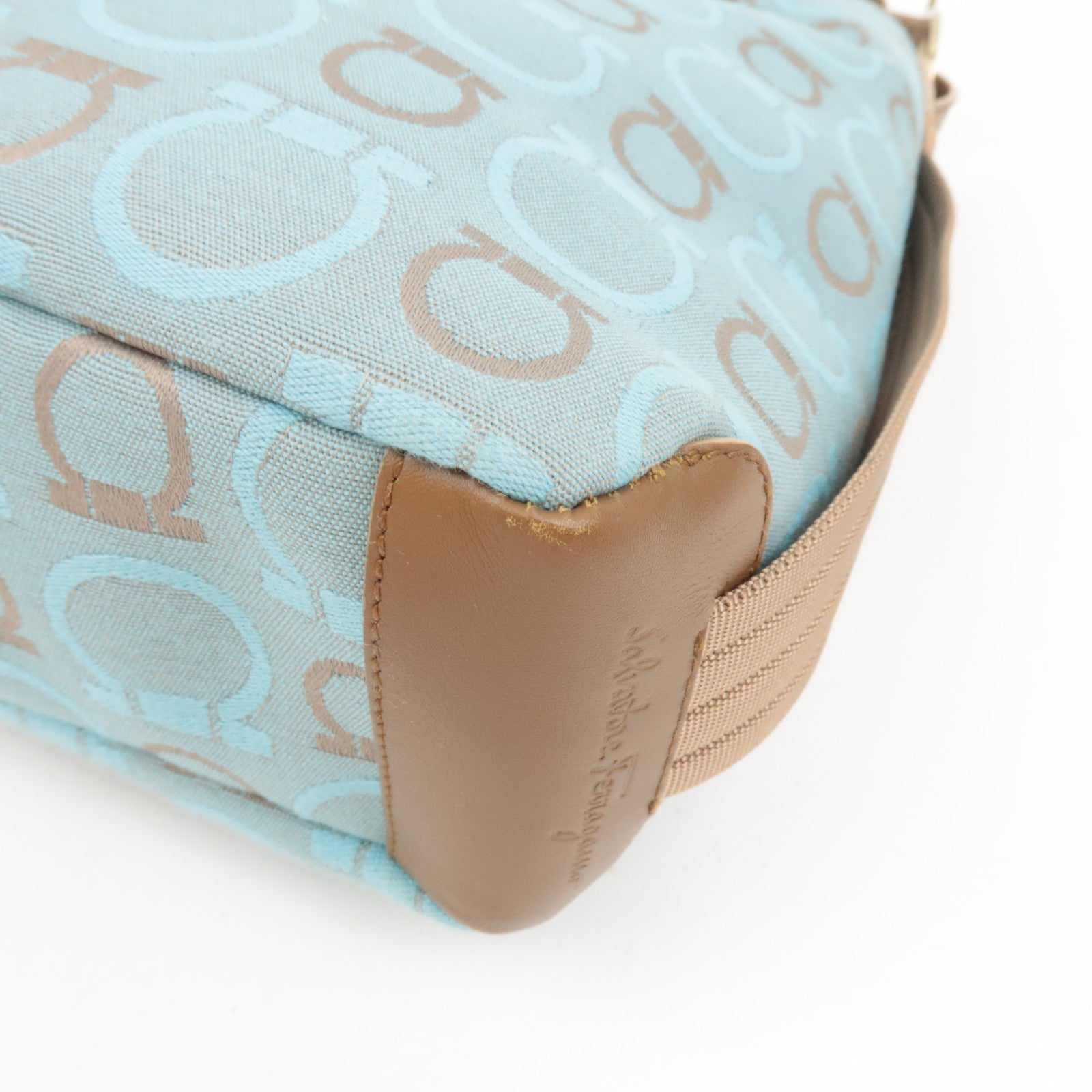 Ferragamo Gancini One-Shoulder Bag Canvas Leather Light Blue Beige *Dust bag