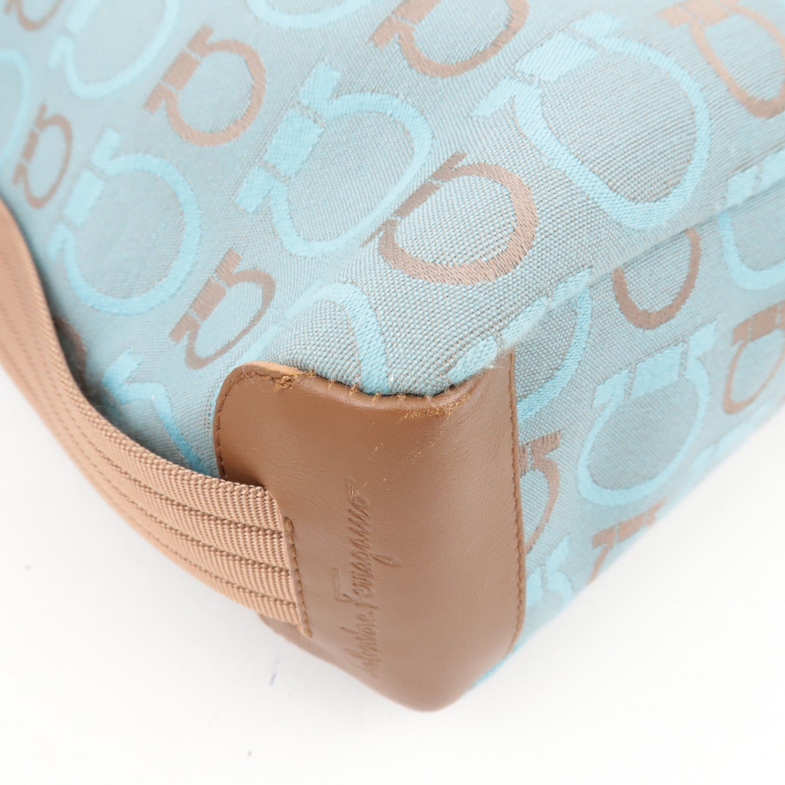 Ferragamo Gancini One-Shoulder Bag Canvas Leather Light Blue Beige *Dust bag