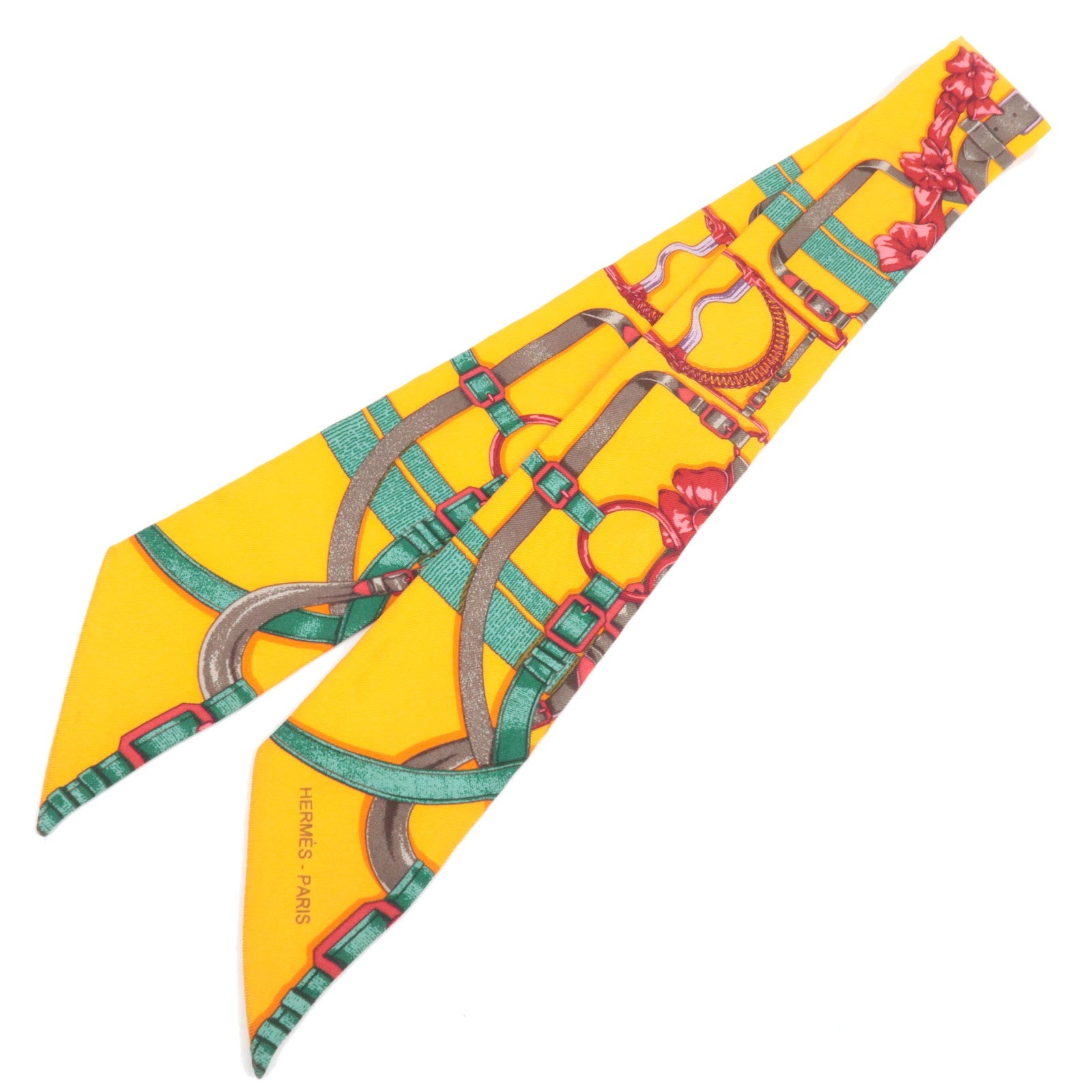 HERMES Twilly Scarf Belt & Ribbon Print 100% Silk Orange *Box83322