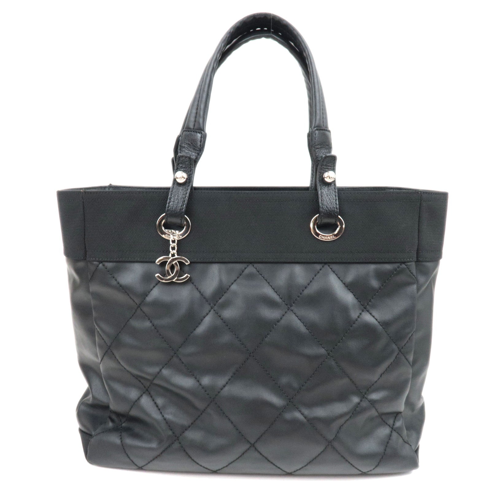 CHANEL Paris Biarritz Tote Bag MM Coated Canvas Leather Black Silver HDW 1778932883388