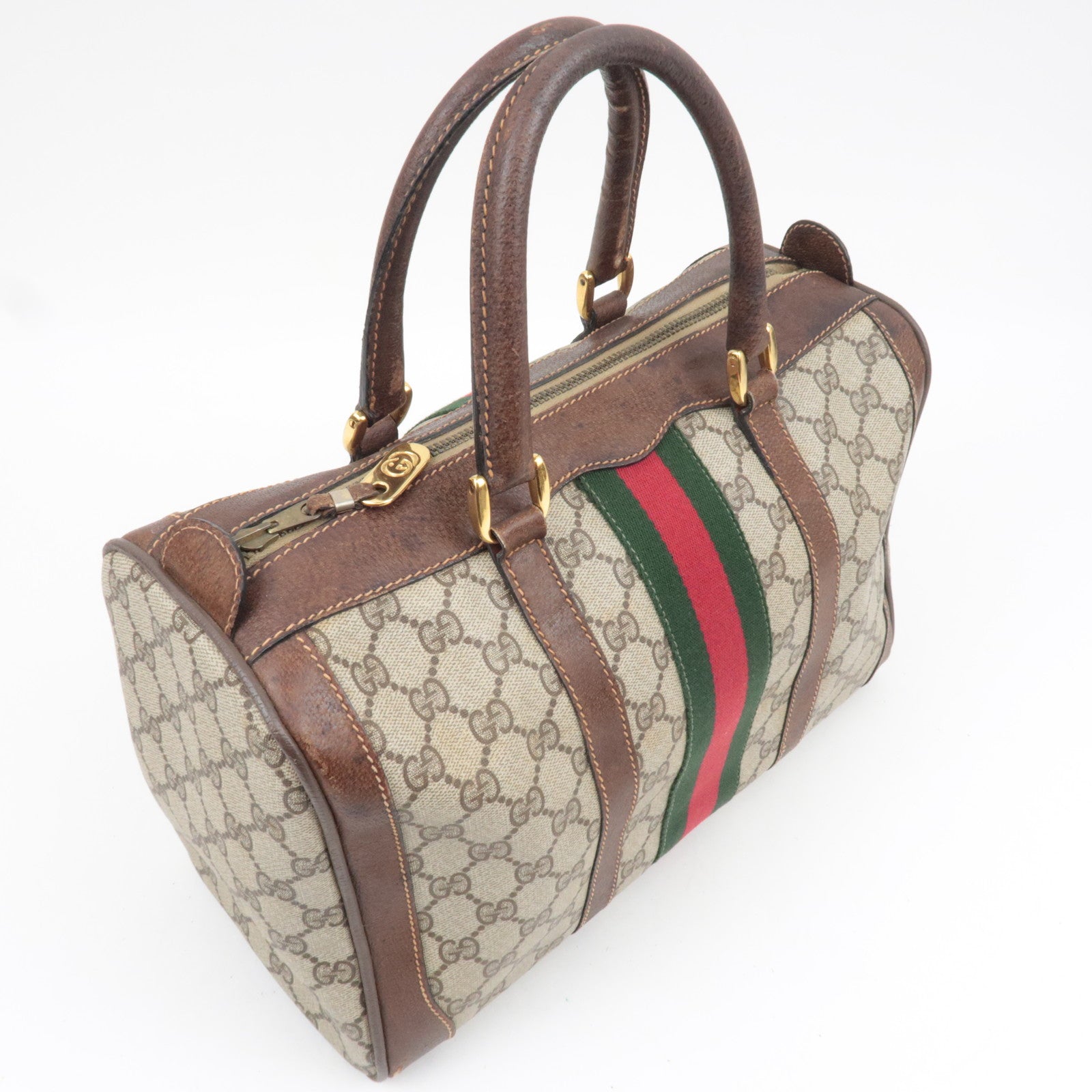GUCCI Sherry GG Plus Leather Boston Bag Beige Brown 98.56.002.0548