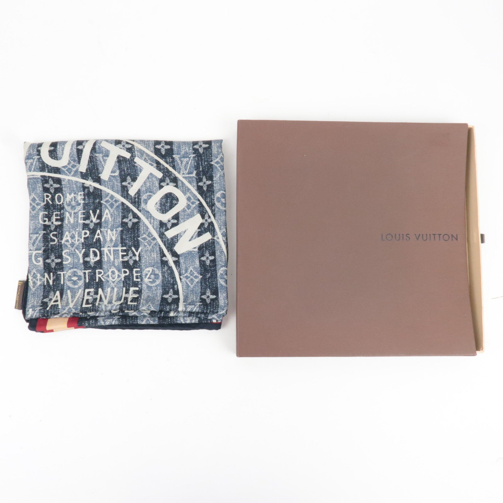 Louis Vuitton Bandana Denim Rayer Trunks & Bags Scarf 100% Silk Navy *Box