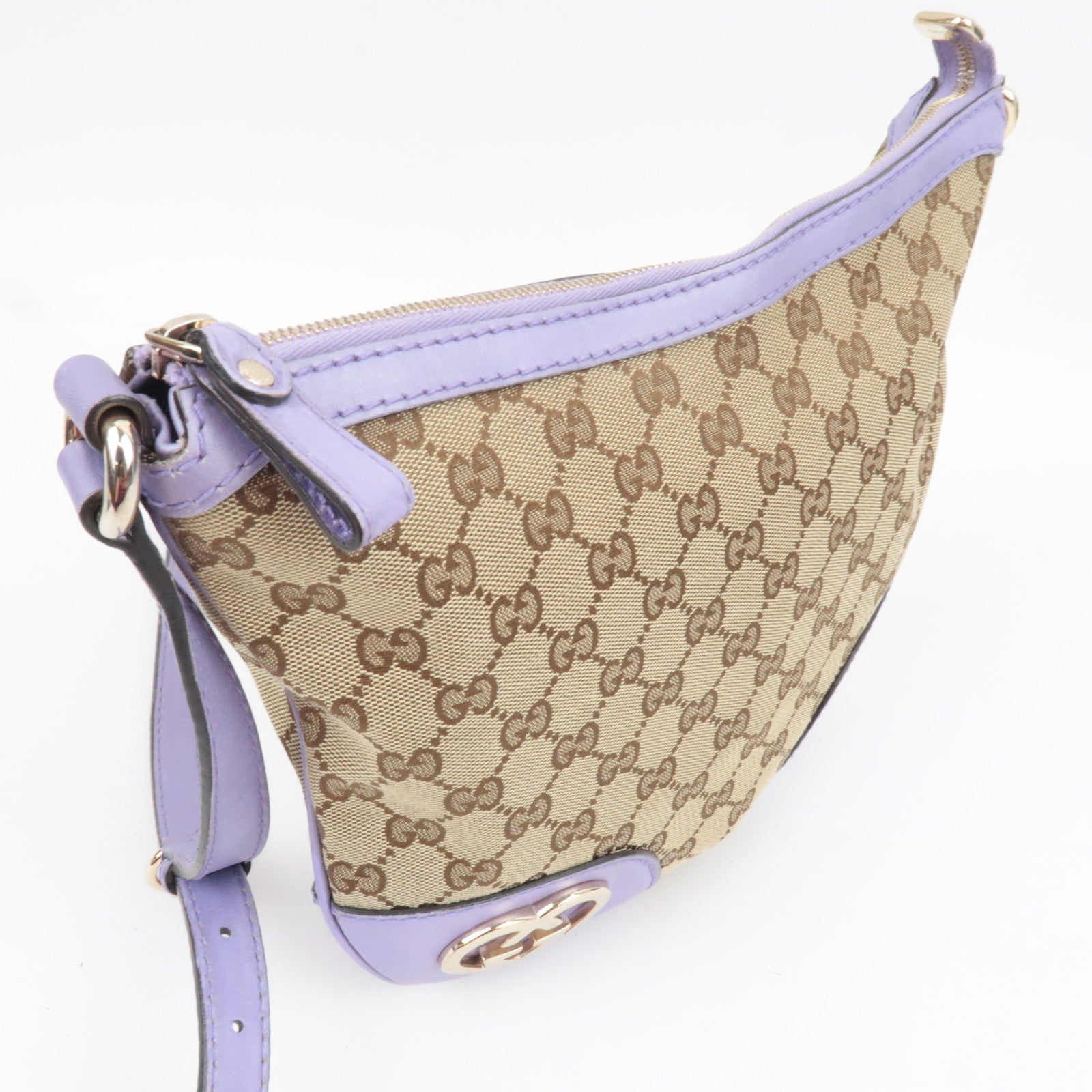 GUCCI Lovely GG Canvas Leather Shoulder Bag Beige Purple 257072