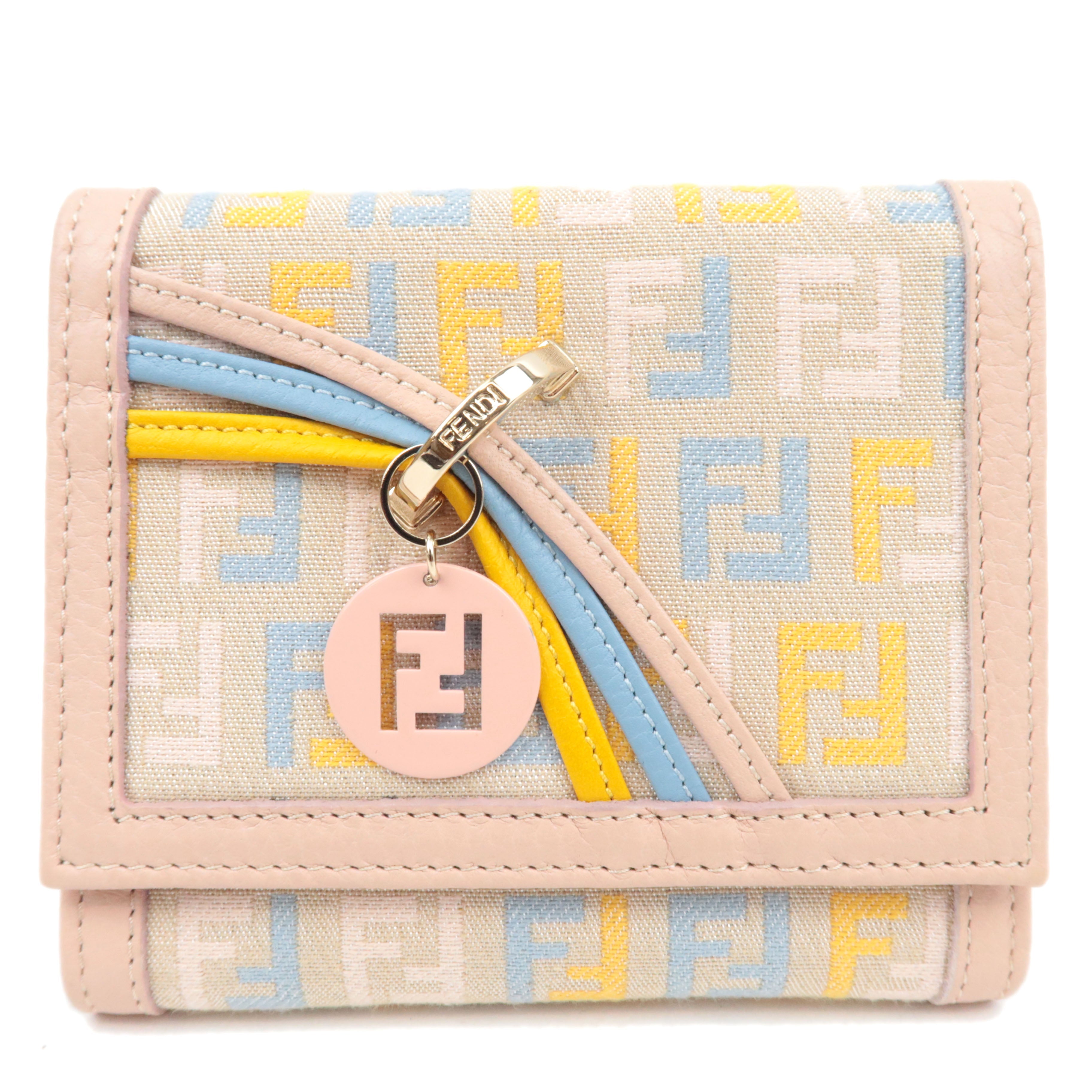 FENDI Zucchino Tri-Fold Wallet Canvas Leather Multicolor Beige 8M0177 *Dust bag83578