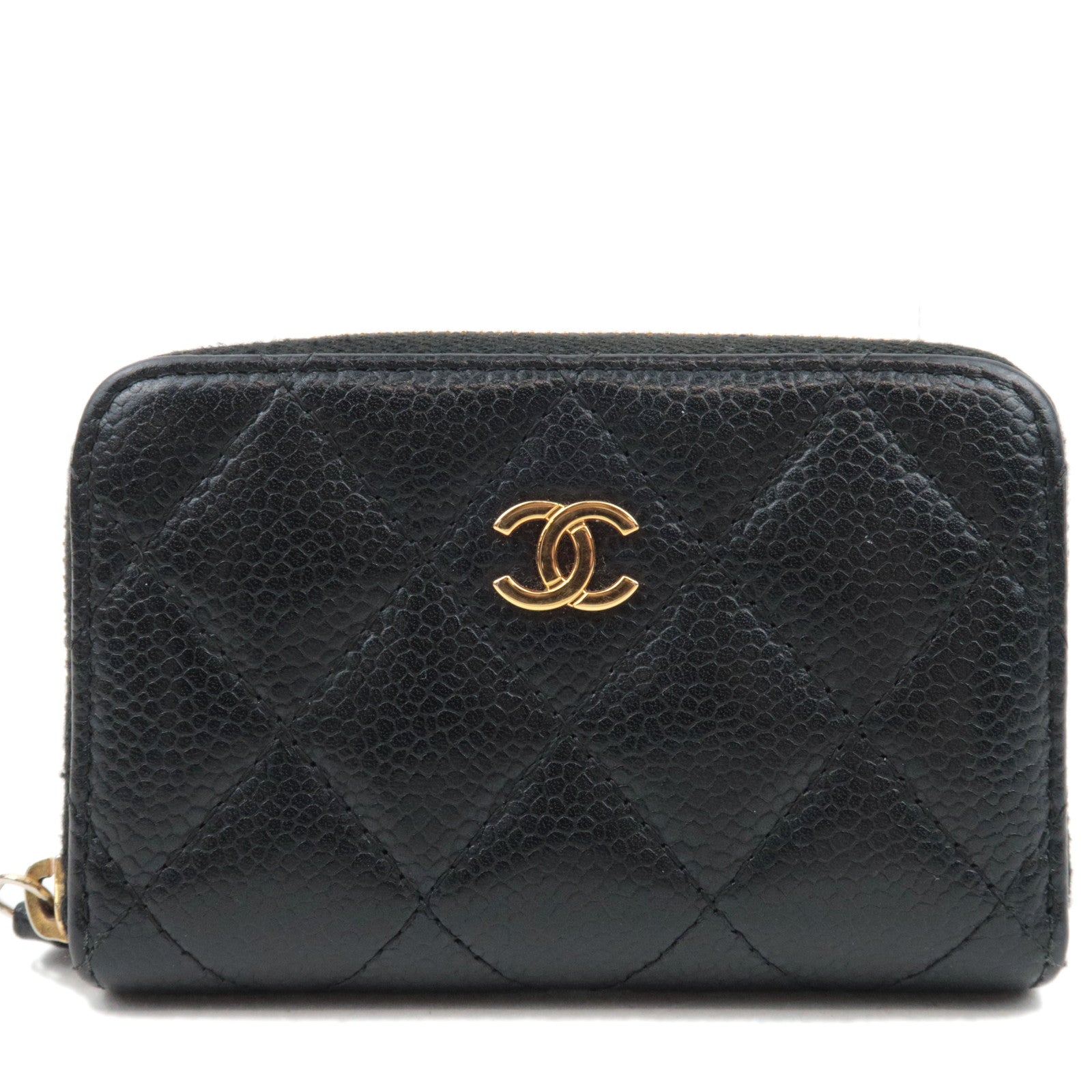 CHANEL Matelasse Round Zipper Coin Case Caviarskin Black Gold HDW 23742532 *G card83629