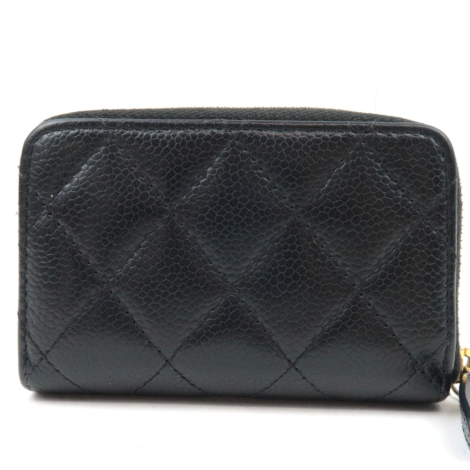 CHANEL Matelasse Round Zipper Coin Case Caviarskin Black Gold HDW 23742532 *G card