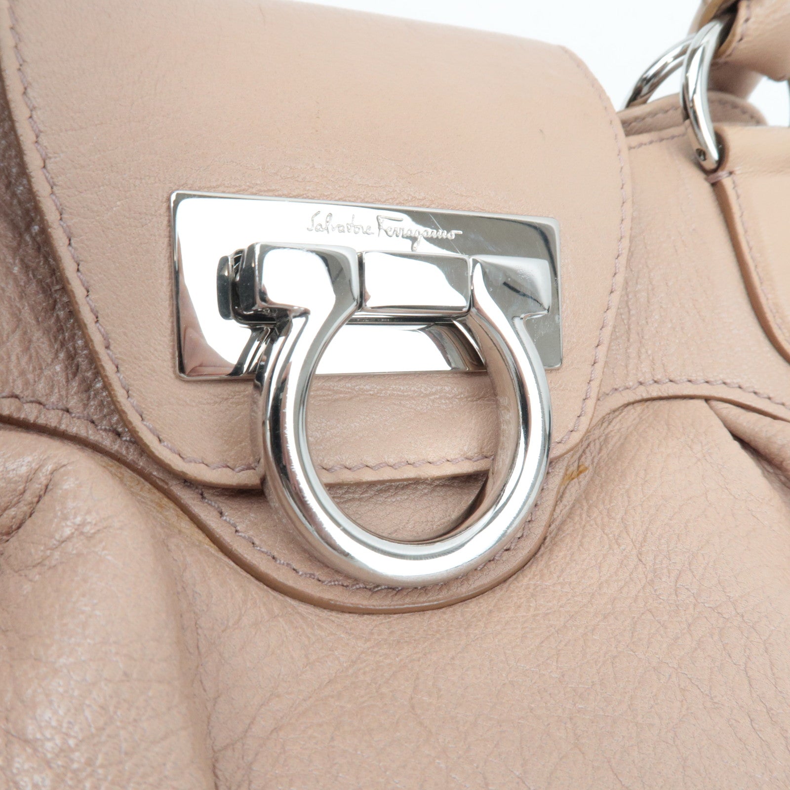 Ferragamo Gancini Shoulder Bag Leather Pink Beige
